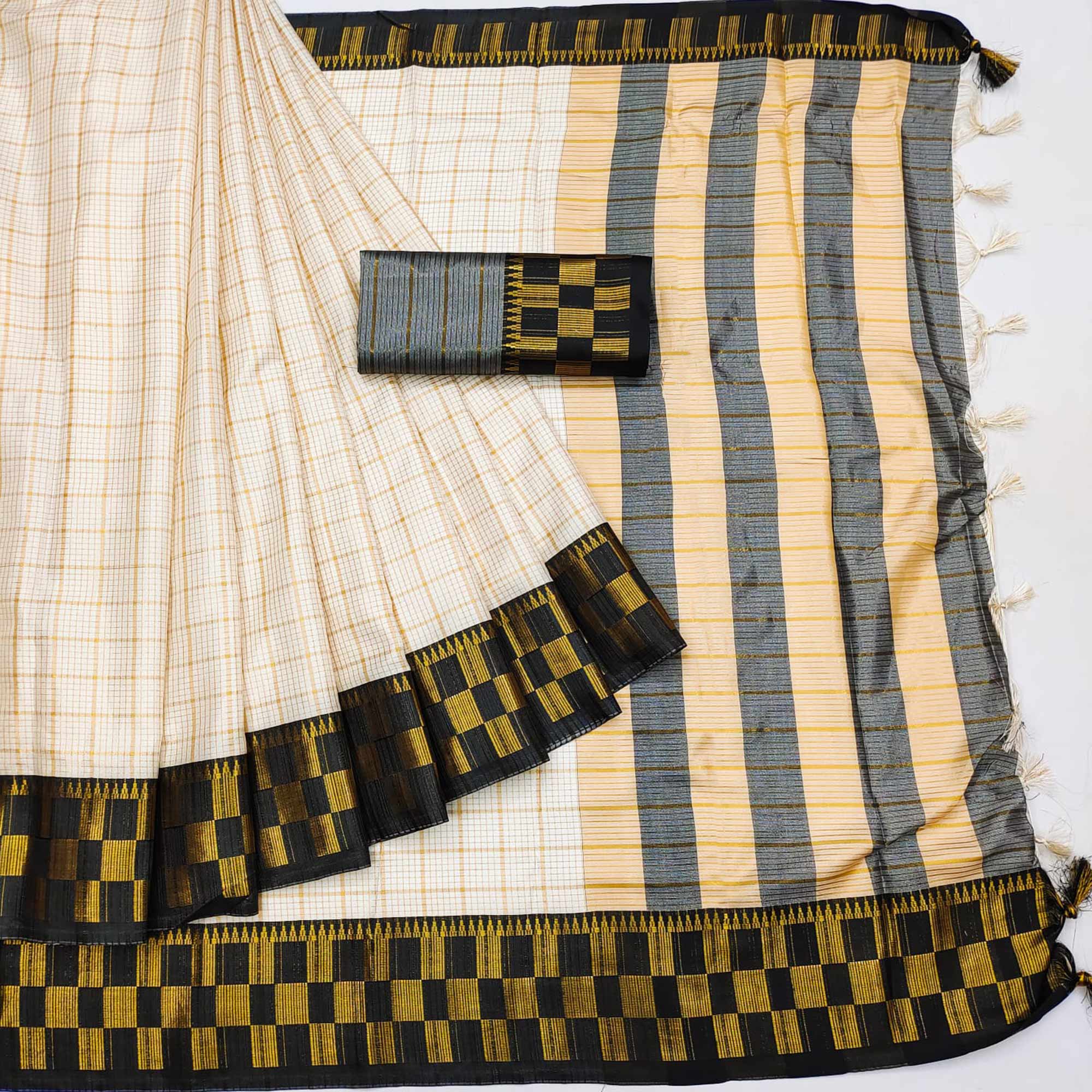 Cream & Black Woven Cotton Silk Saree