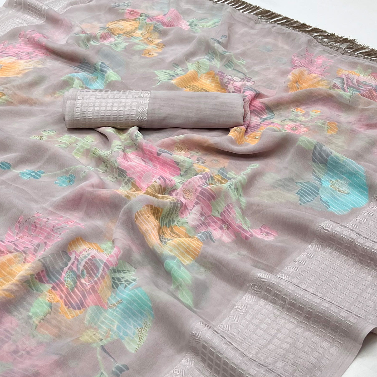 Grey Floral Printed Georgette Saree With Tassels