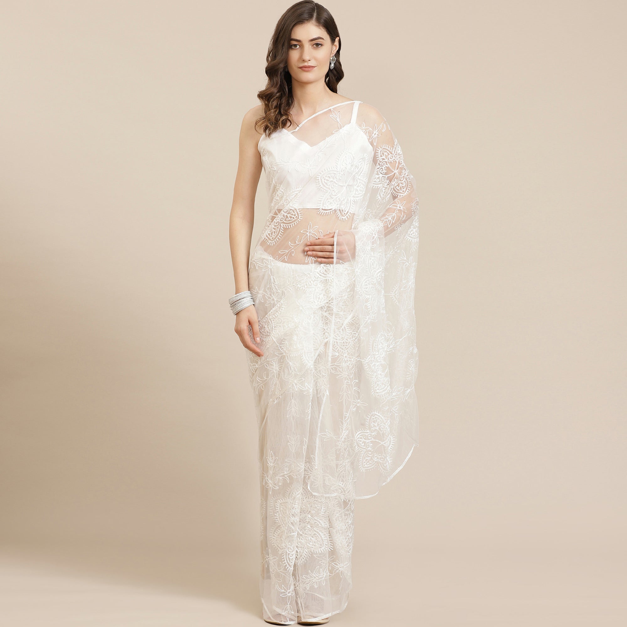 White Floral Embroidered Net Saree