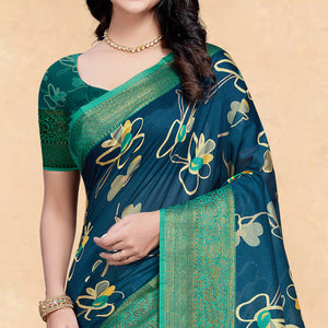 Blue Floral Digital Printed Tussar Silk Saree