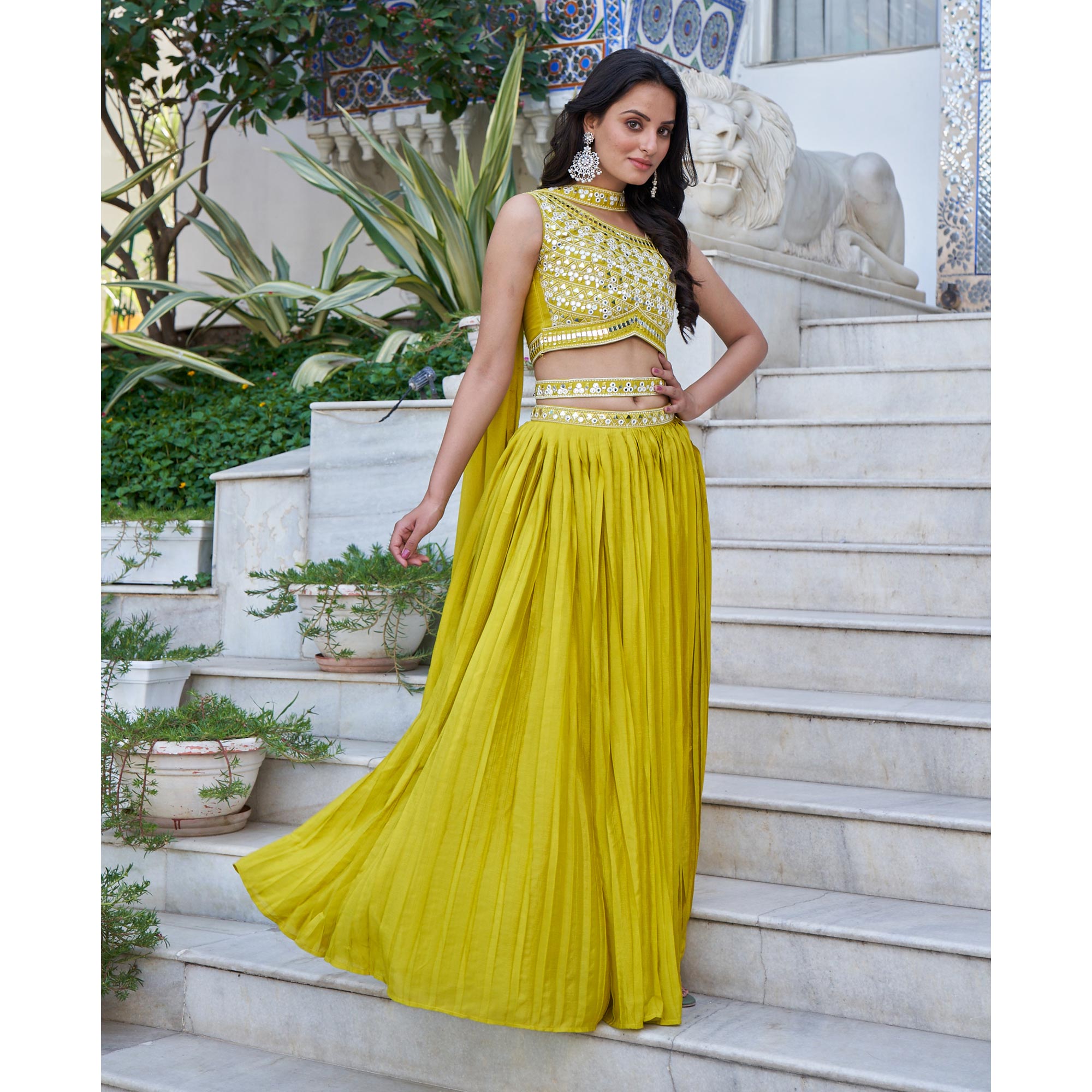 Lemon Green Embroidered Chiffon Plated Lehenga Choli