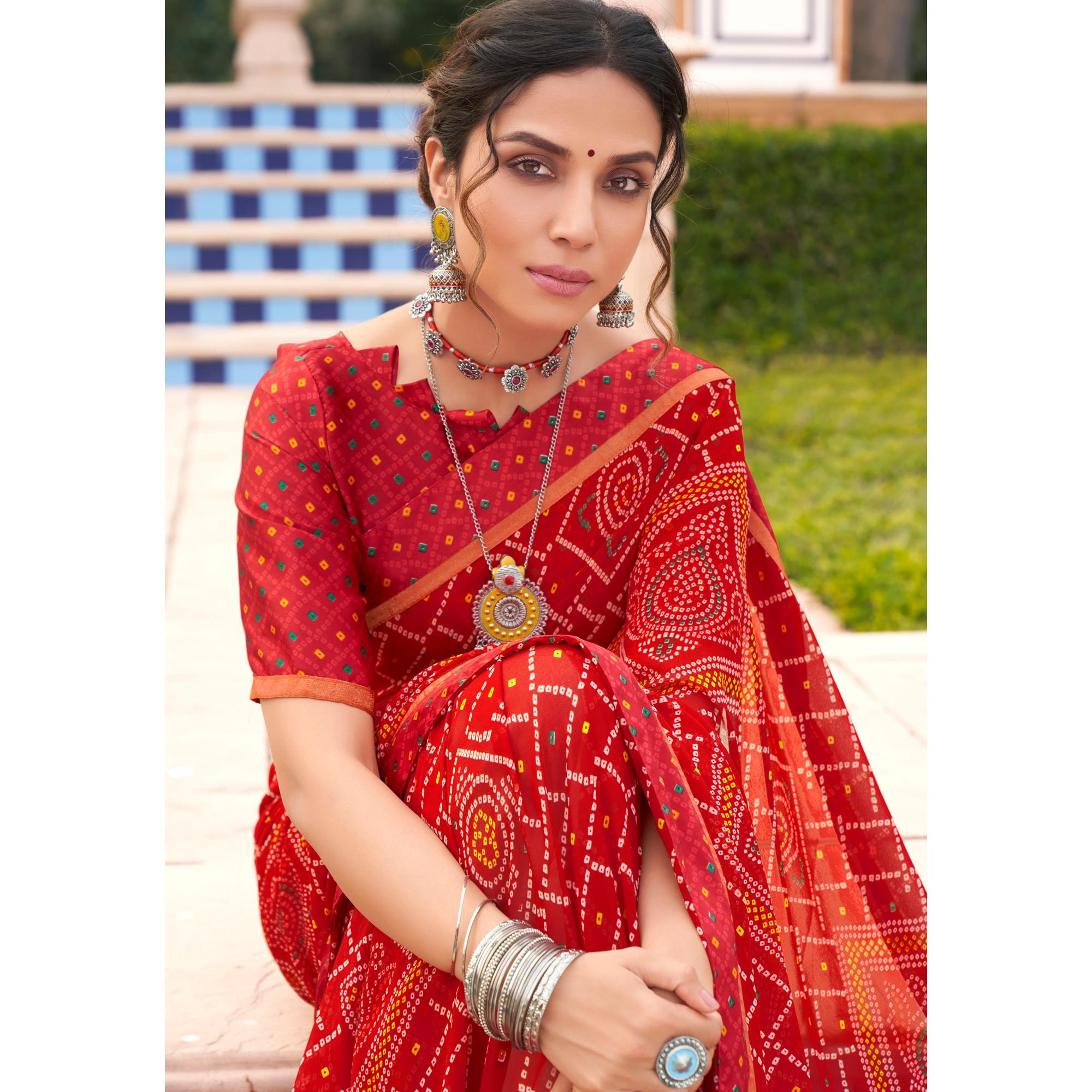 Red Bandhani Printed Georgette Saree