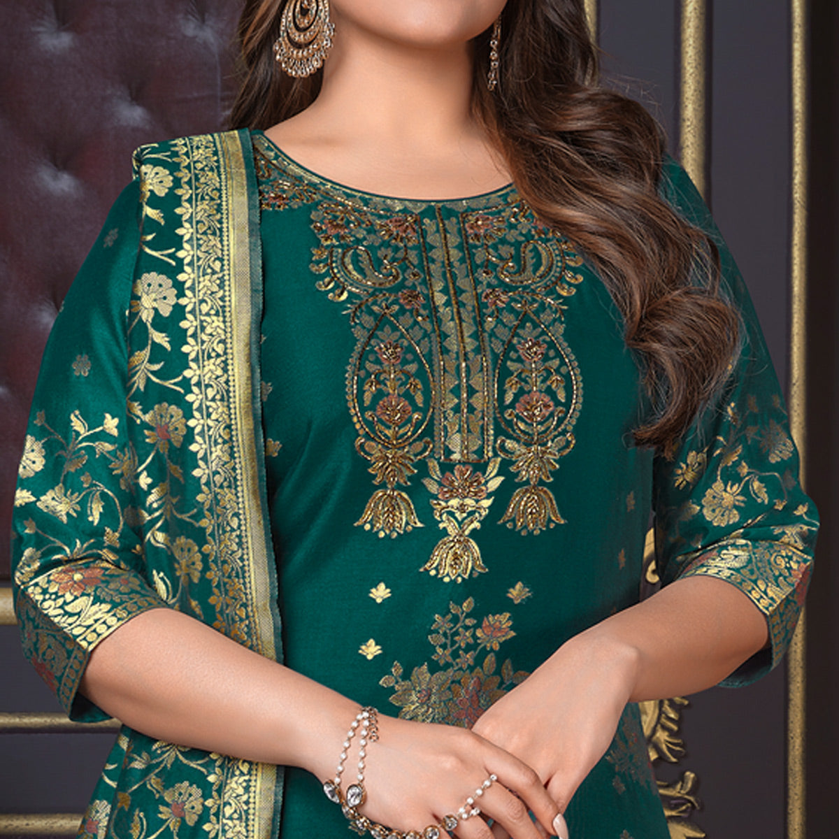 Teal Green Woven Banarasi Silk Salwar Suit