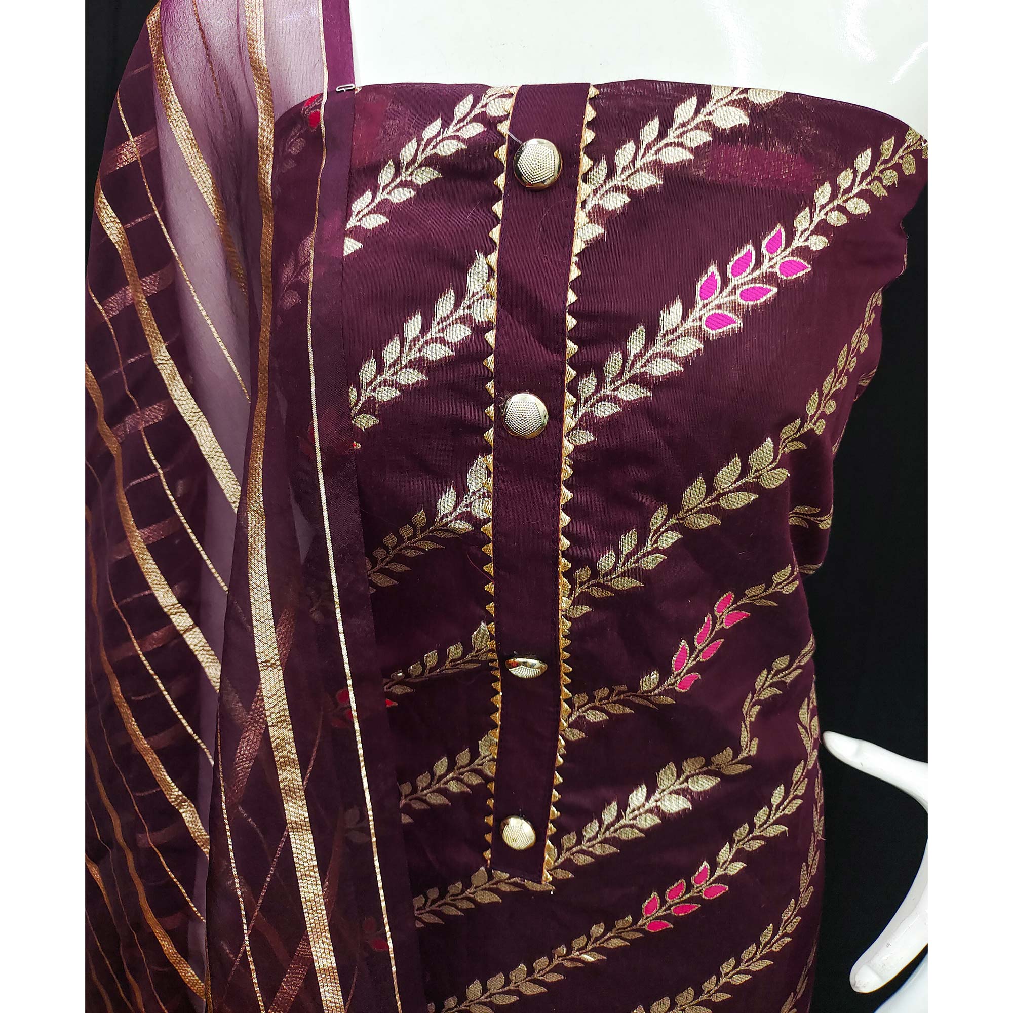 Wine Woven Banarasi Silk Dress Material