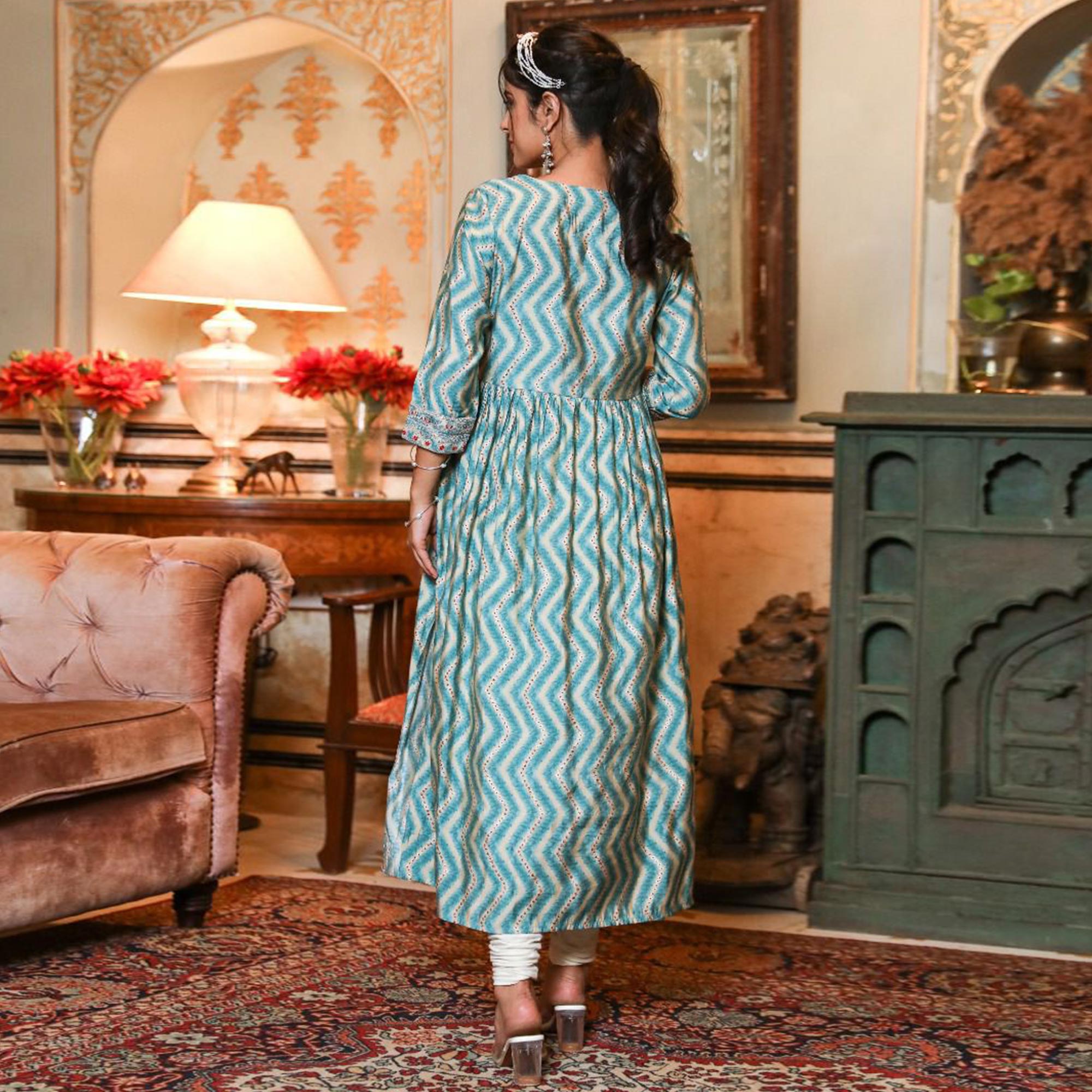 Blue Printed With Embroidered Muslin Naira Cut Kurti