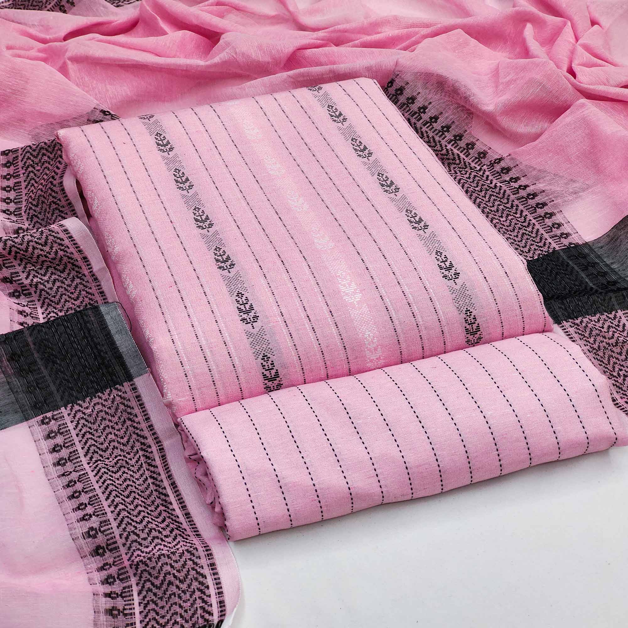 Pink Woven Cotton Blend Dress Material