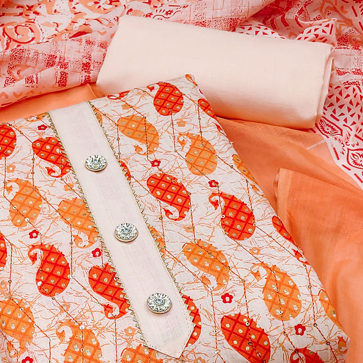 Peach Printed Pure Cotton Dress Material