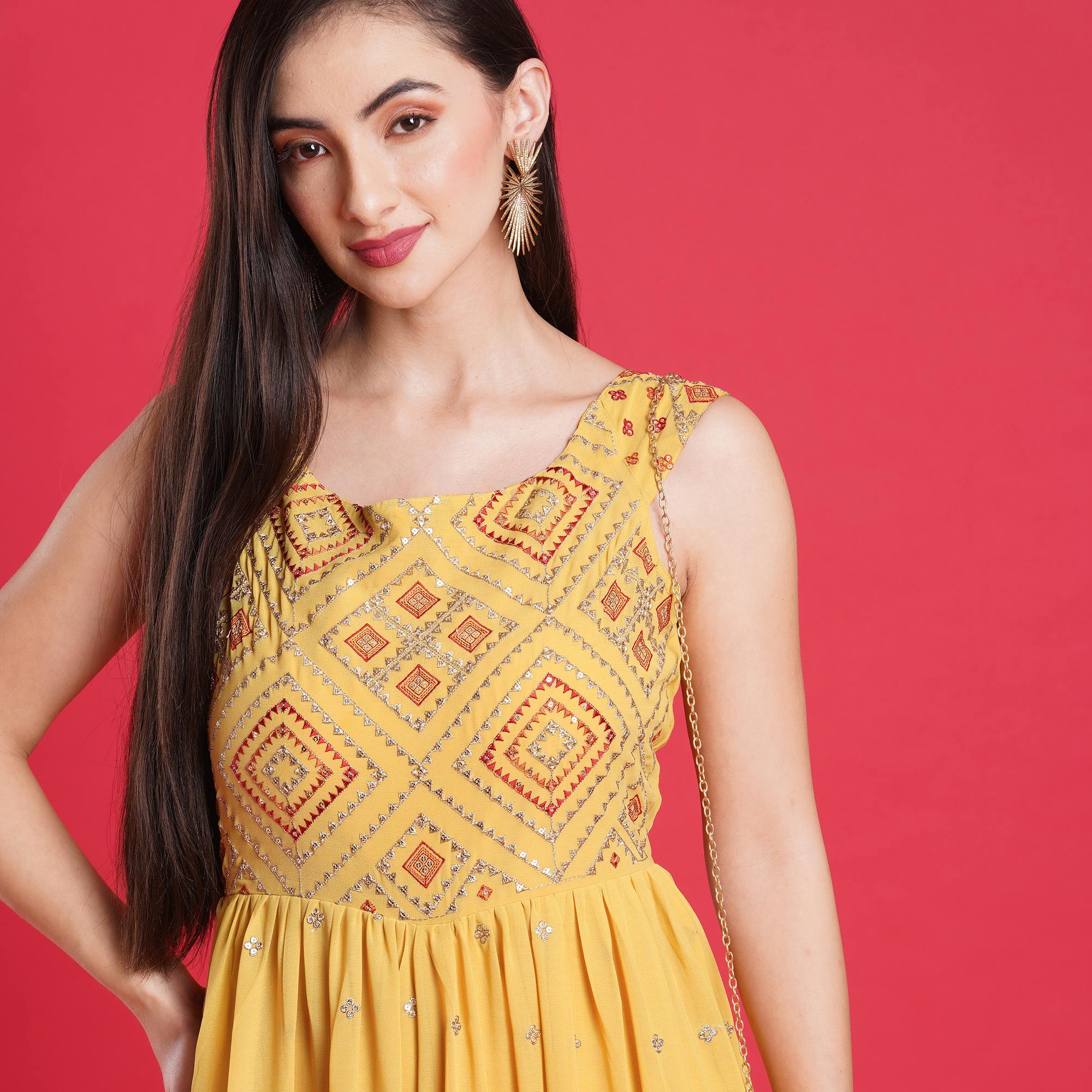 Yellow Sequins Embroidered Georgette Jumpsuit