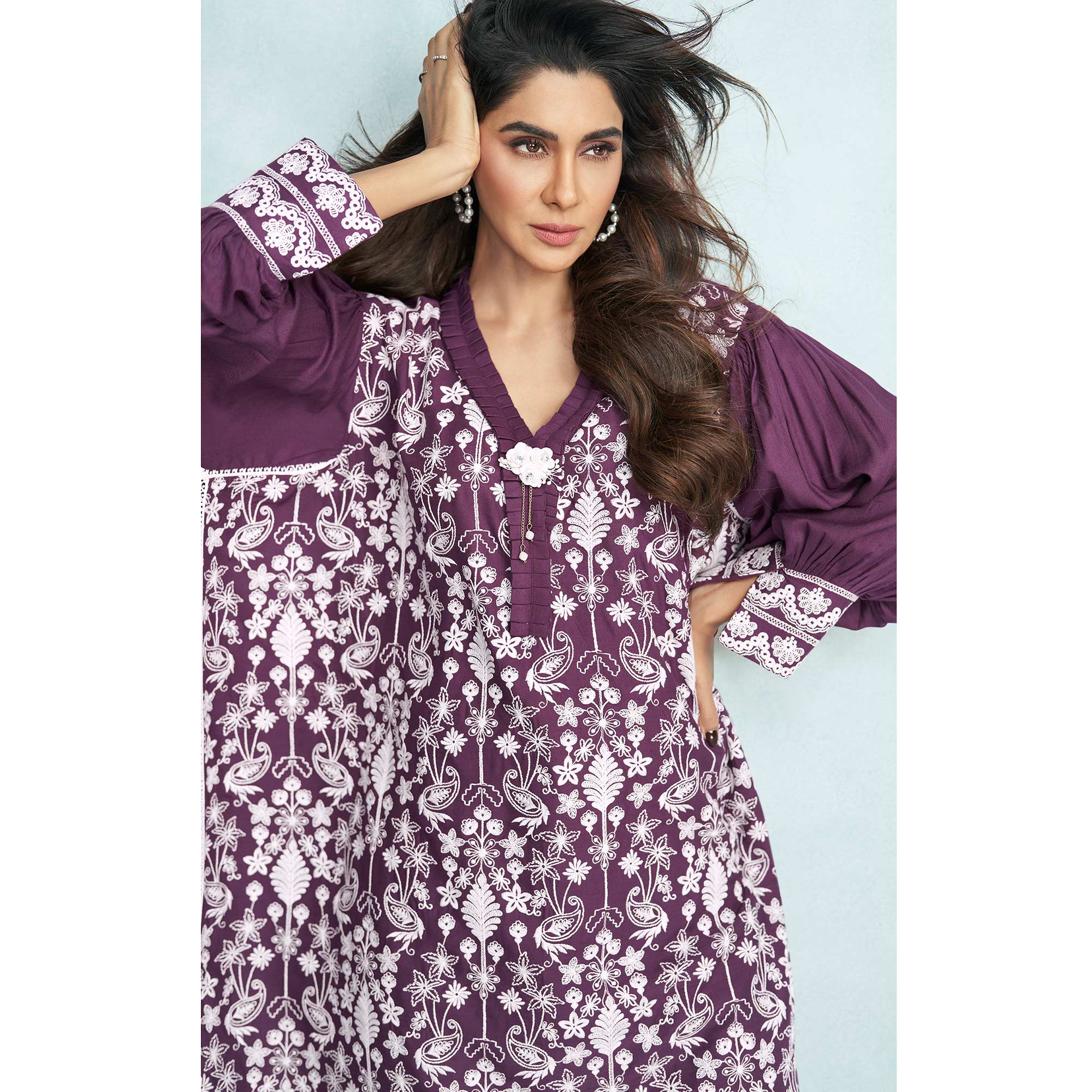 Wine Floral Embroidered Rayon Kaftan Set