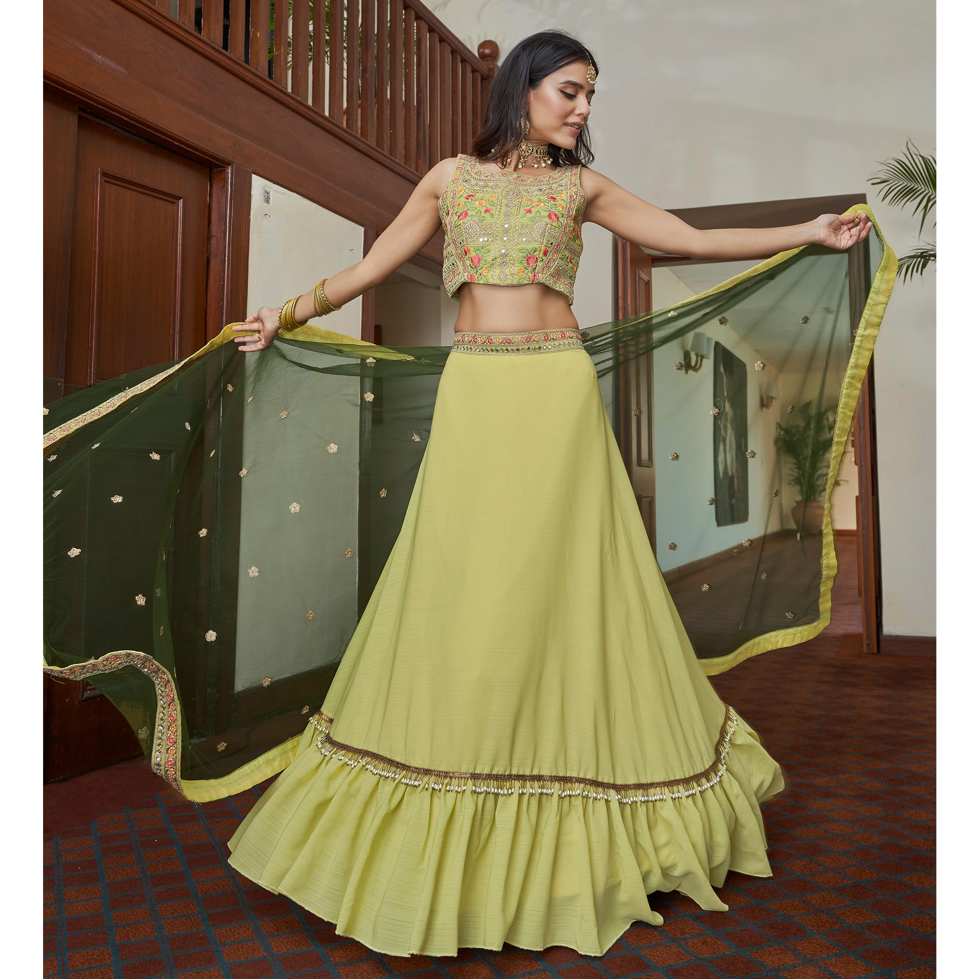 Lemon Yellow Embroidered Art Silk Lehenga Choli