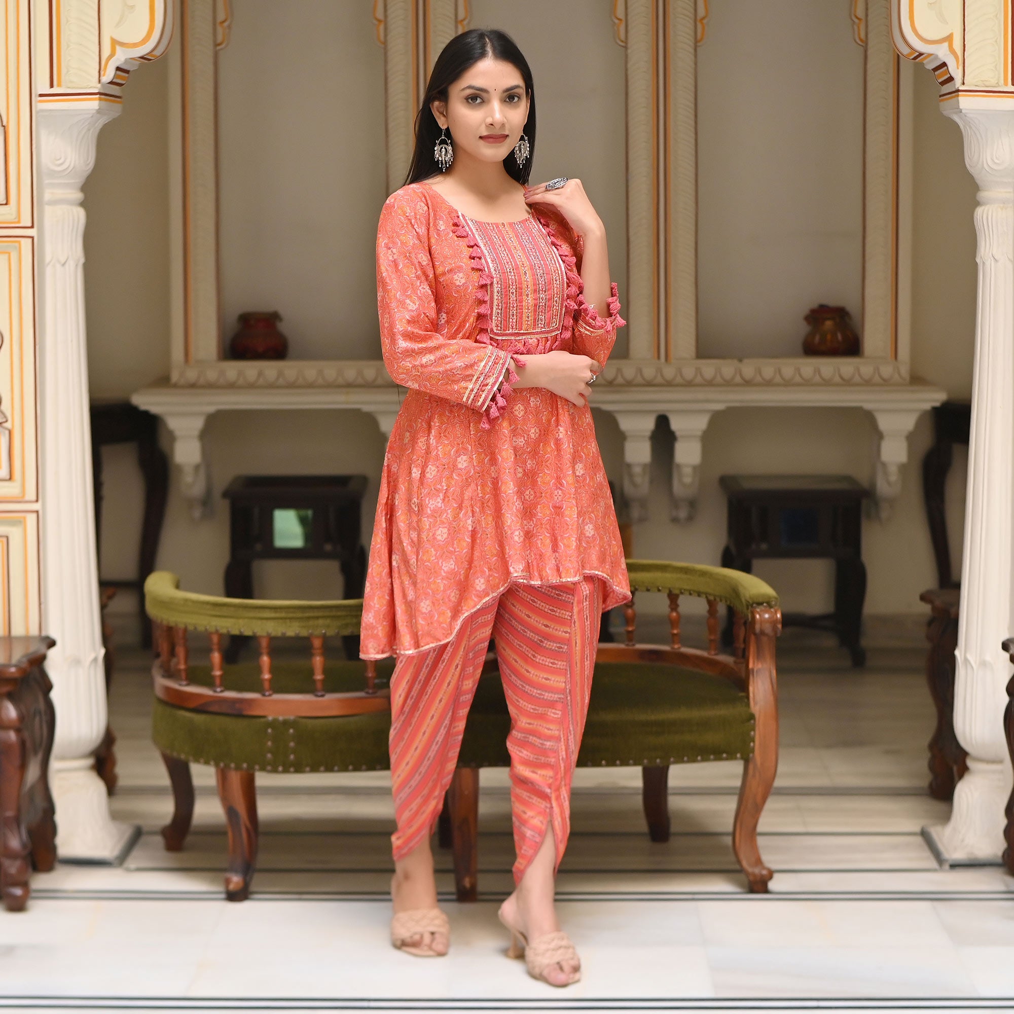 Peach Printed Muslin Kurti With Dhoti Set