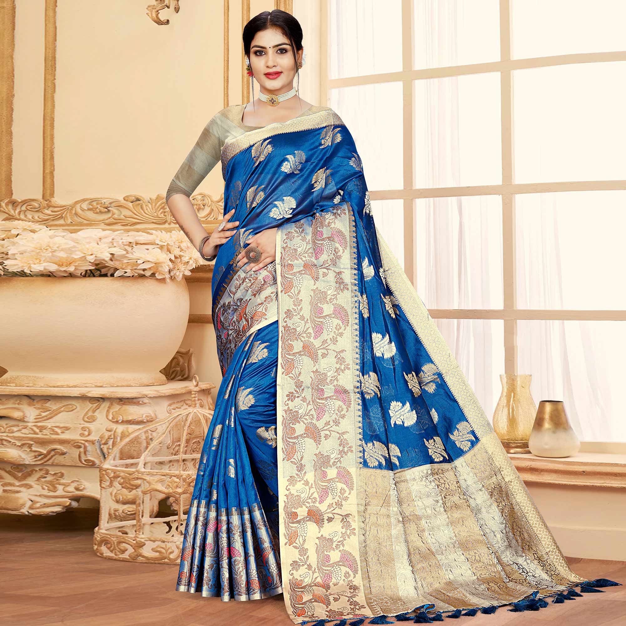 Blue Floral Woven Organza Saree With Tassels
