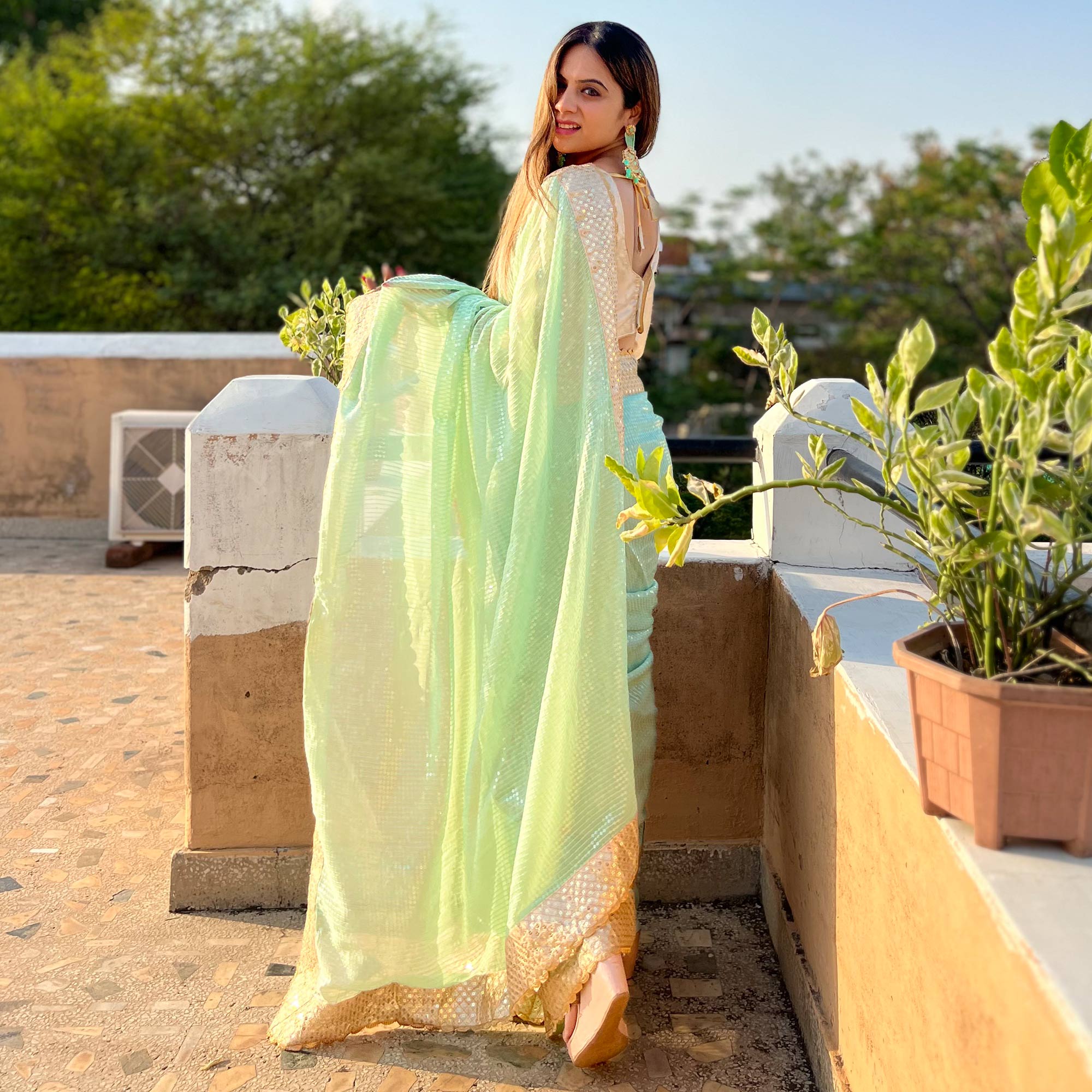 Pista Green Sequins Embroidered Georgette Saree