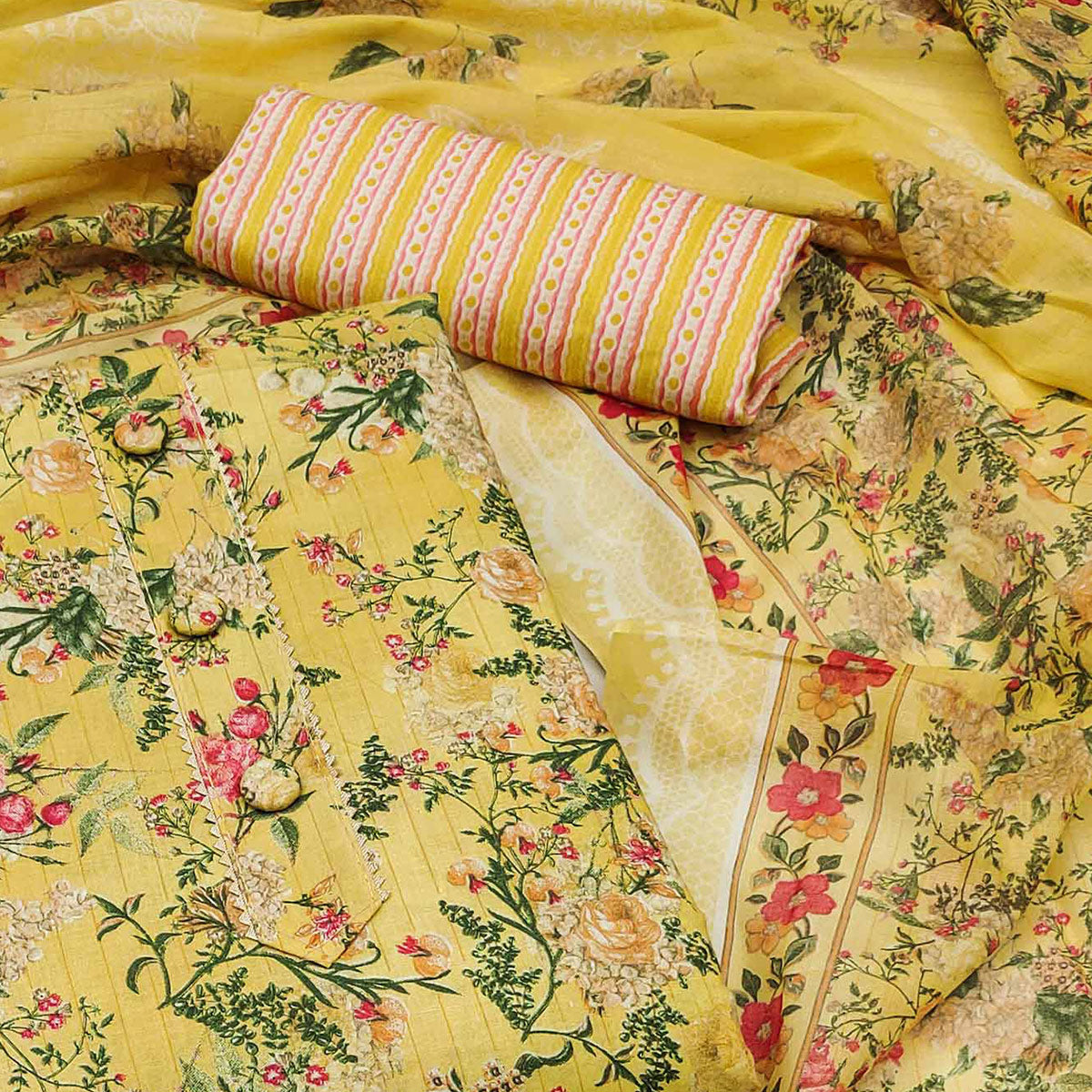 Yellow Floral Printed Printed Cotton Blend Dress Material