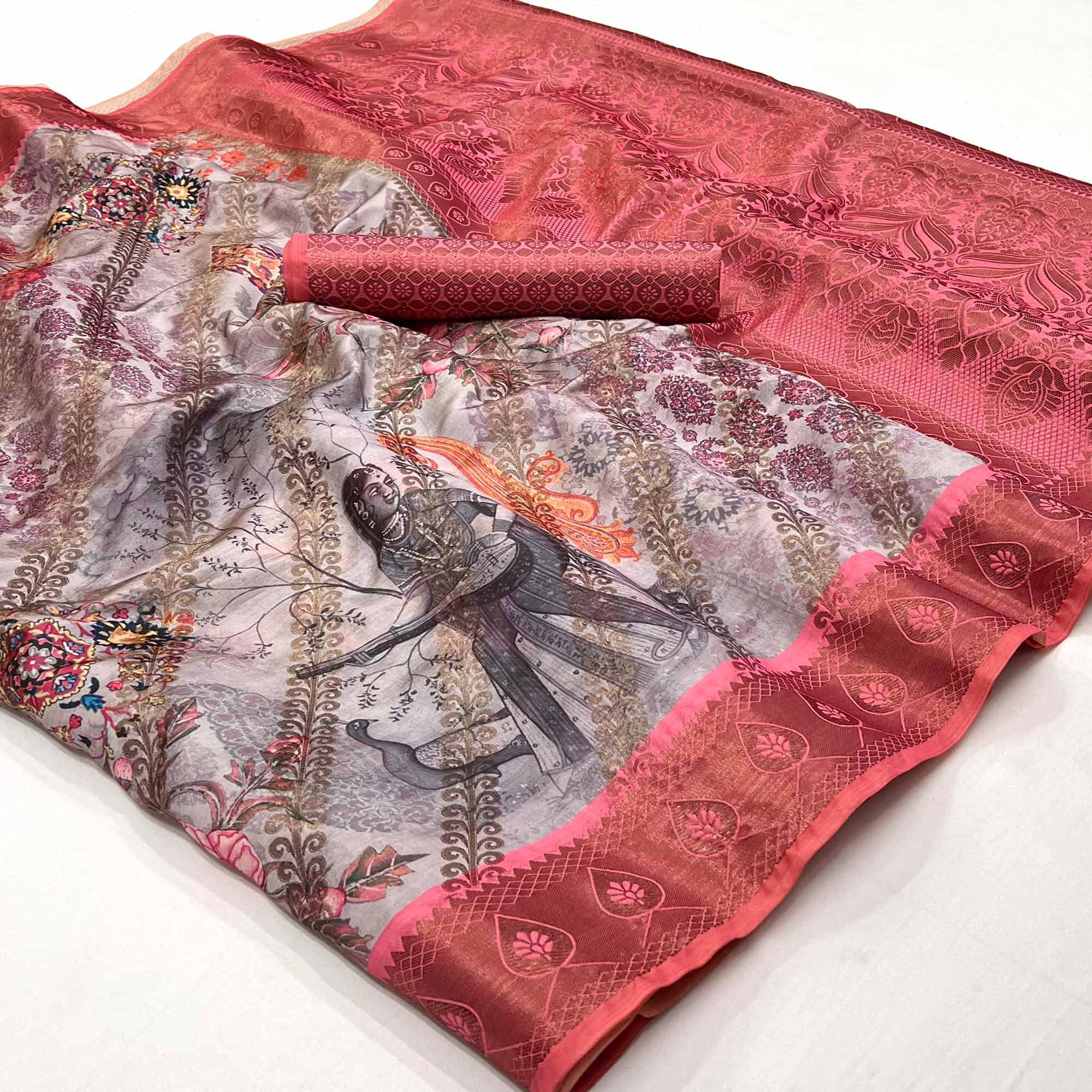 Grey Digital Printed Cotton Silk Saree