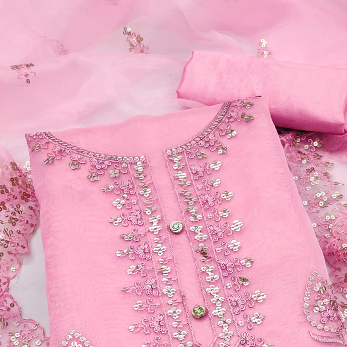 Pink Sequins Embroidered Organza Dress Material