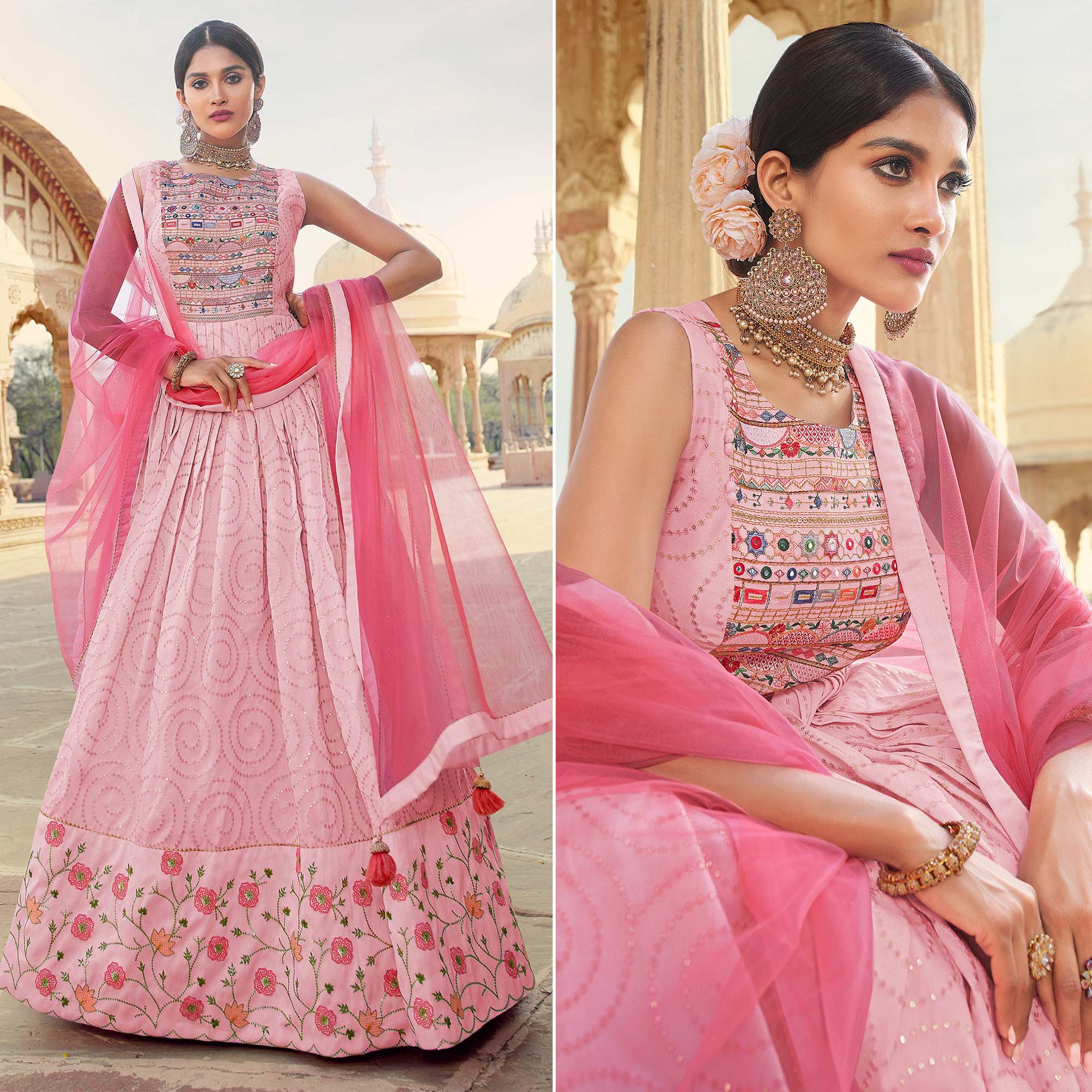 Light Pink Sequins Embroidered Raw Silk Gown