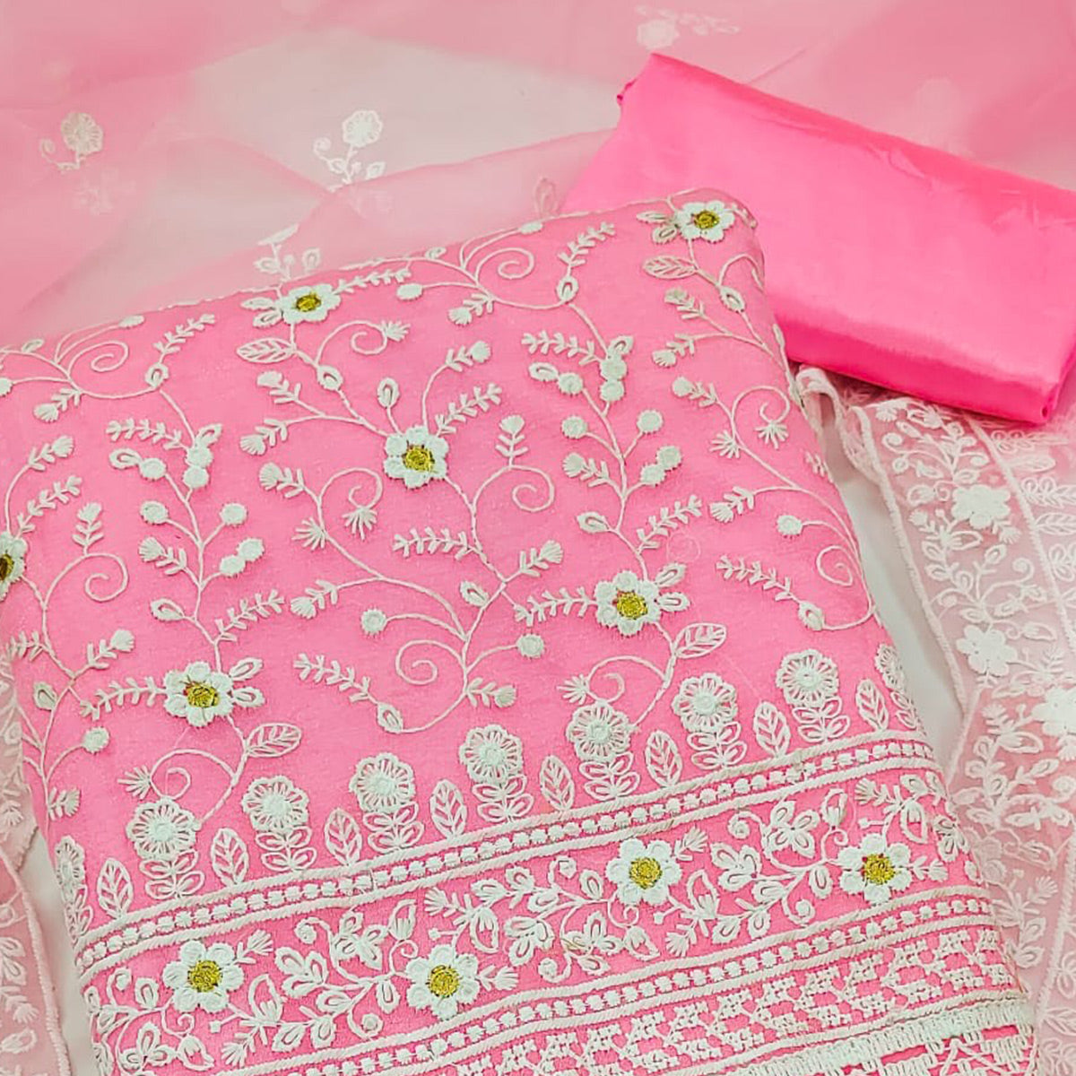 Pink Floral Embroidered Organza Dress Material