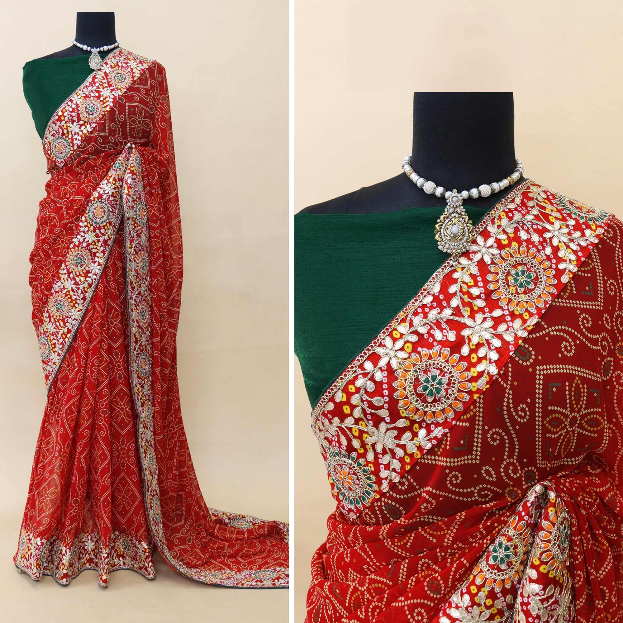 Red Bandhani Printed With Embroidered Border Georgette Saree