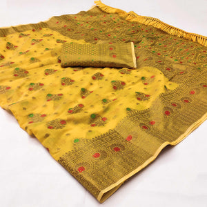 Yellow Woven Cotton Blend Saree With Tassels