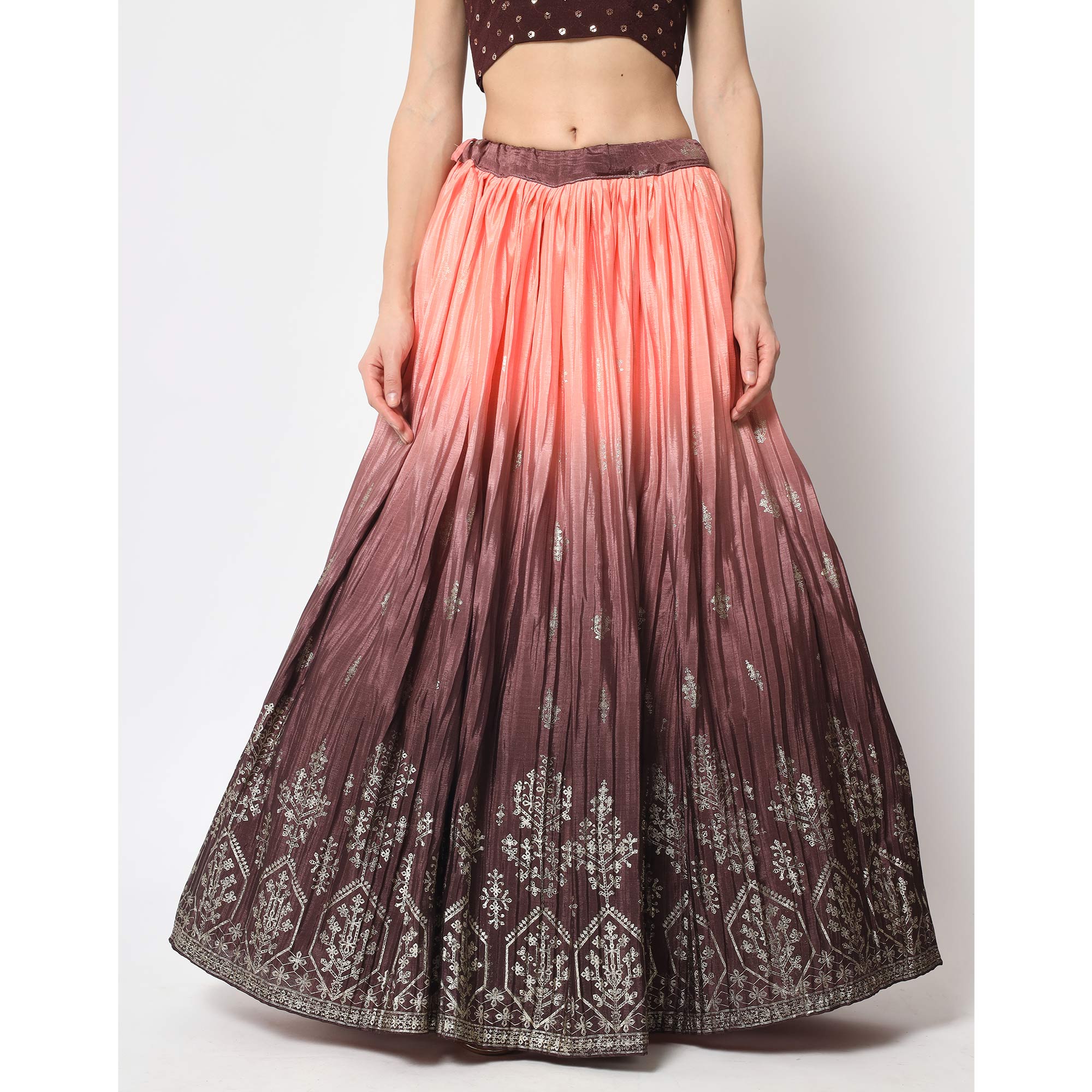 Coffee & Peach Foil Printed Chiffon Lehenga Choli
