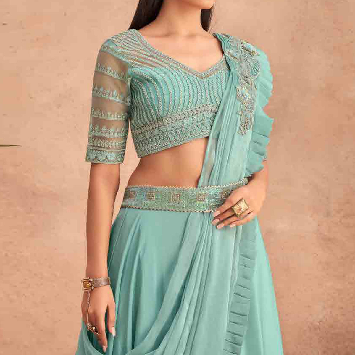 Aqua Blue Sequins Embroidered Ready to Wear Art Silk Saree