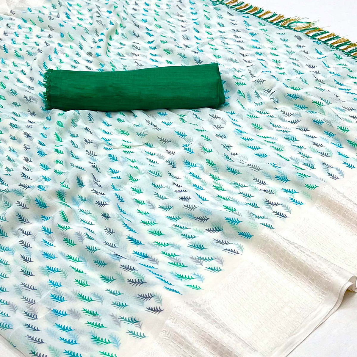 White Printed With Checks Border Georgette Saree