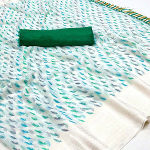 White Printed With Checks Border Georgette Saree