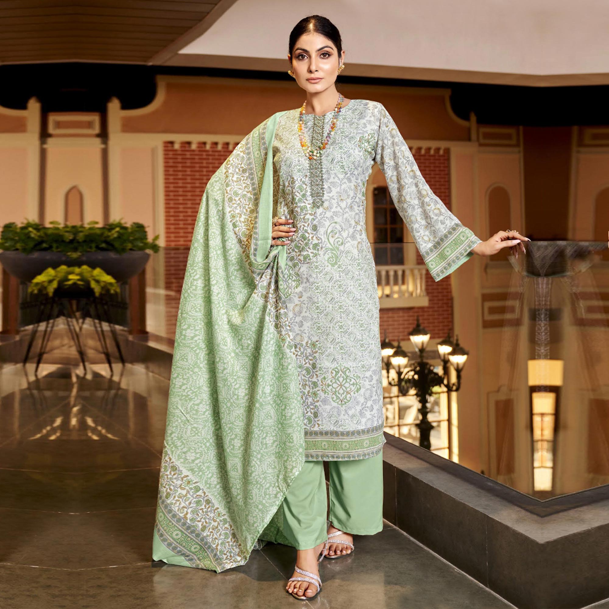White & Green Floral Print With Embroidered Pure Cotton Salwar Suit
