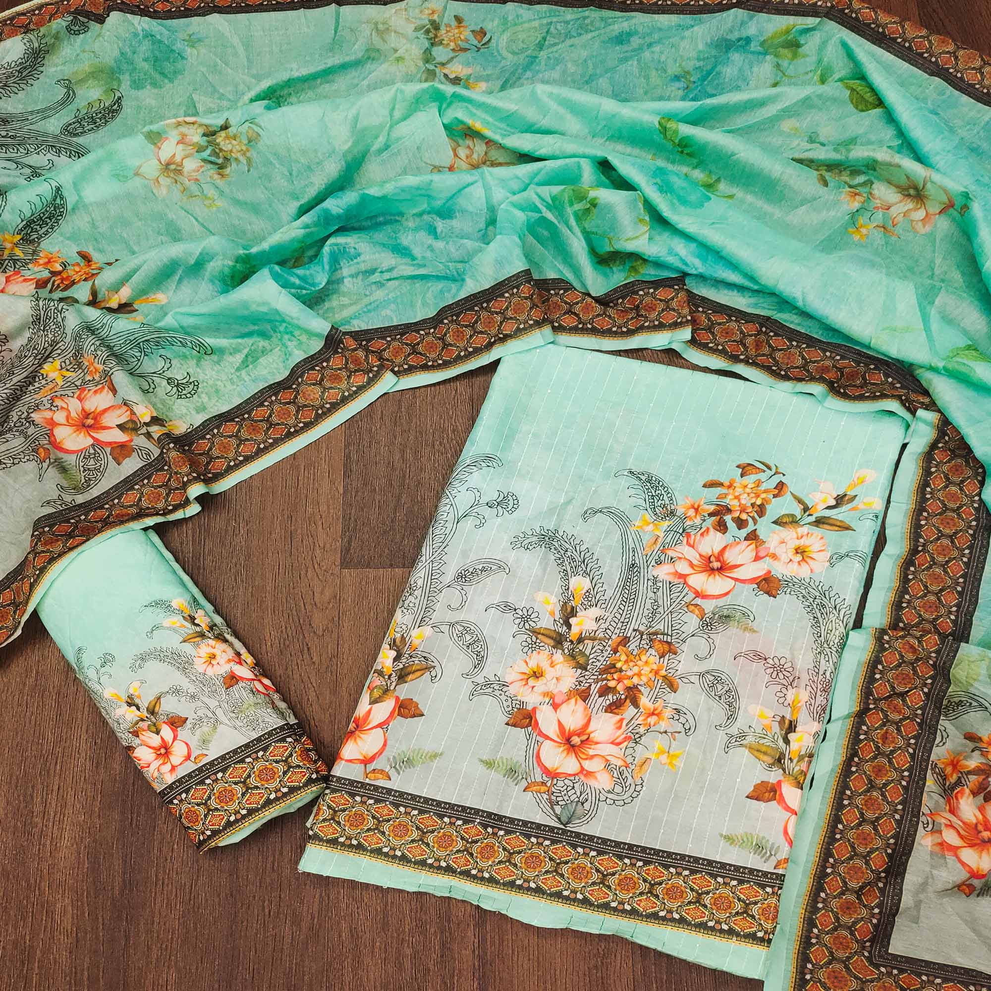 Rama Green Floral Digital Printed Muslin Dress Material