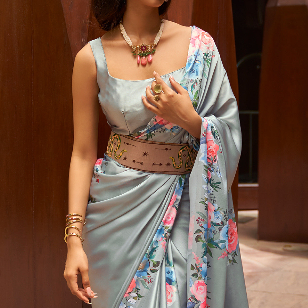 Grey Floral Digital Printed Satin Saree