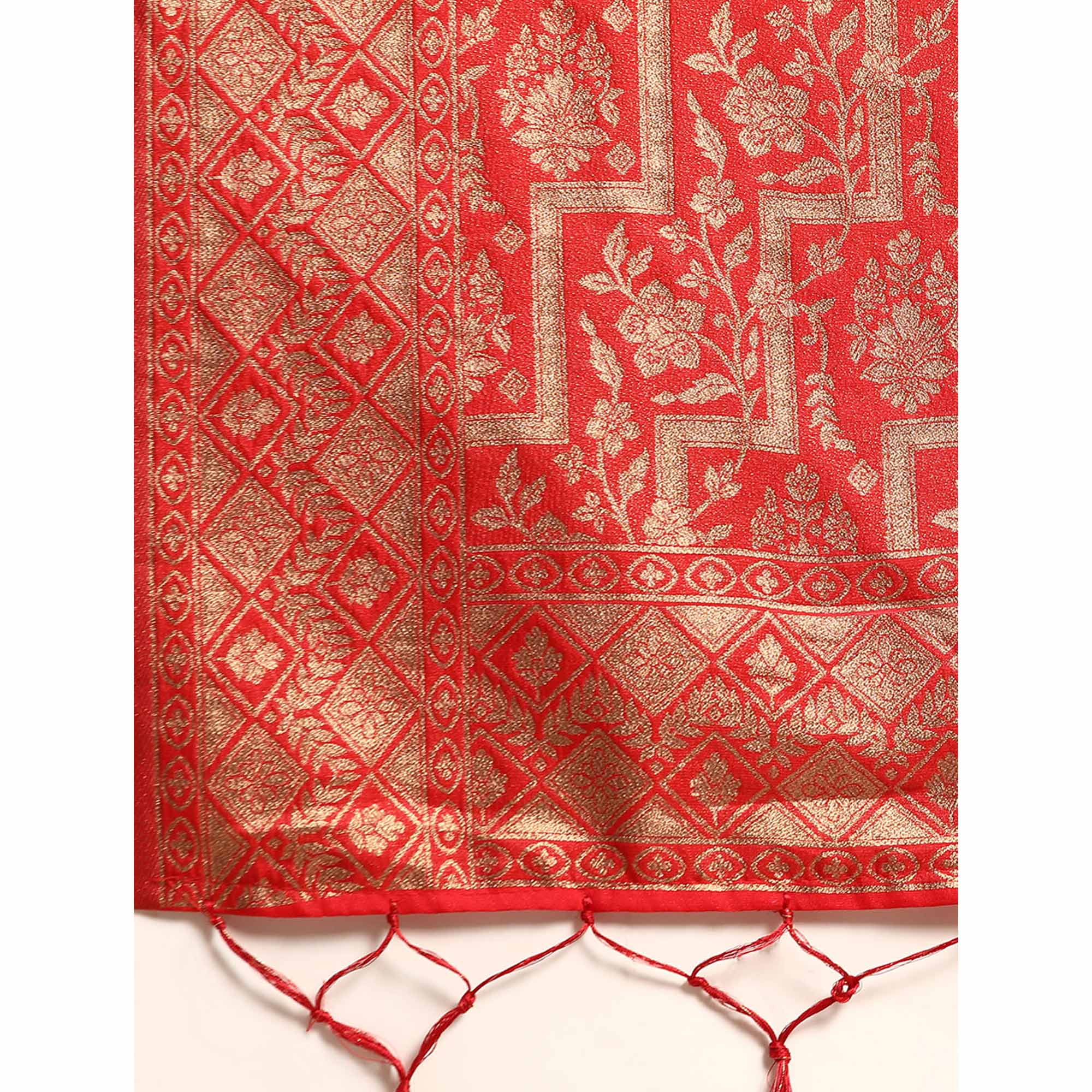 Red Floral Woven Organza Silk Saree With Tassels