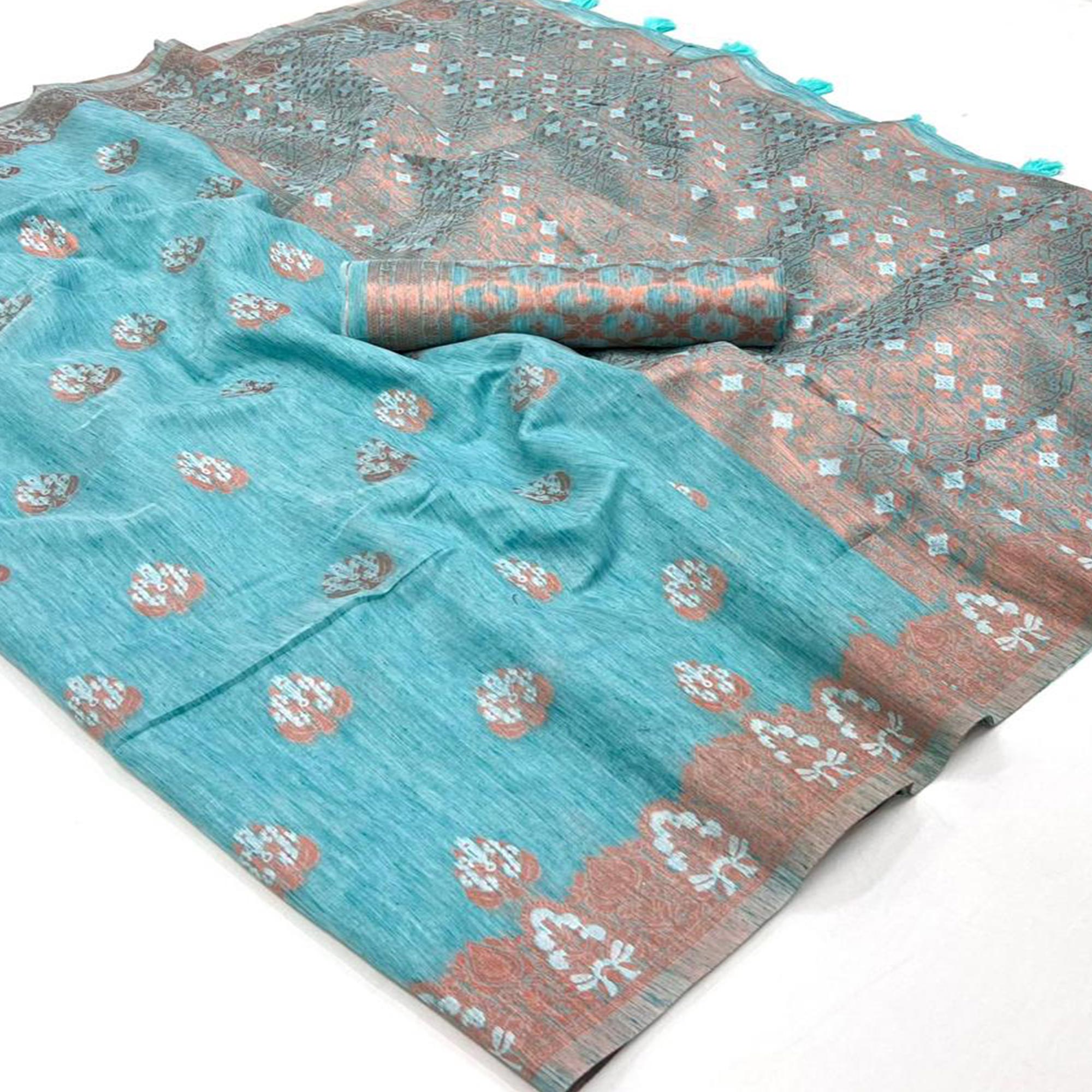 Sky Blue Woven Linen Saree With Tassels