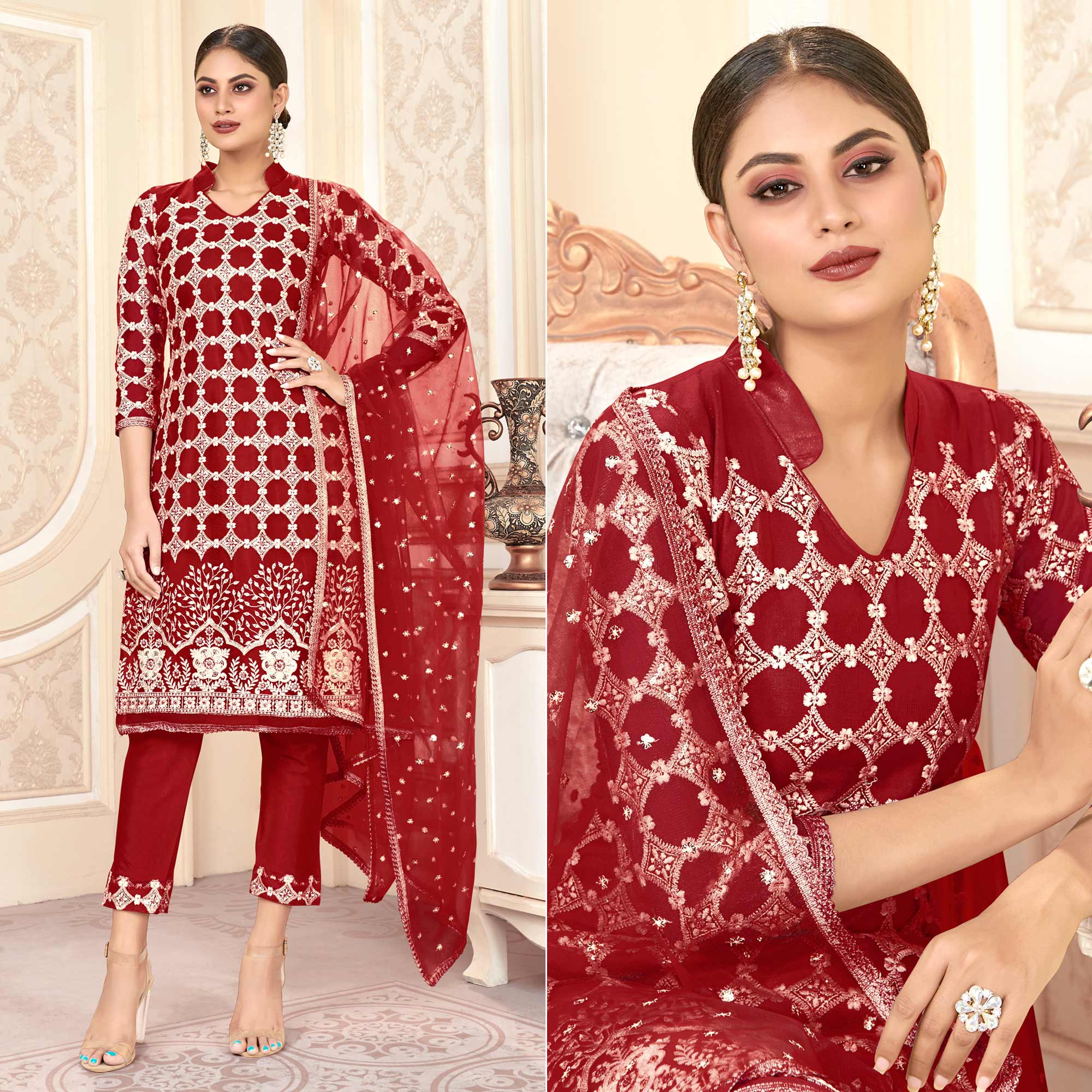Maroon Sequins Embroidered Net Semi Stitched Suit