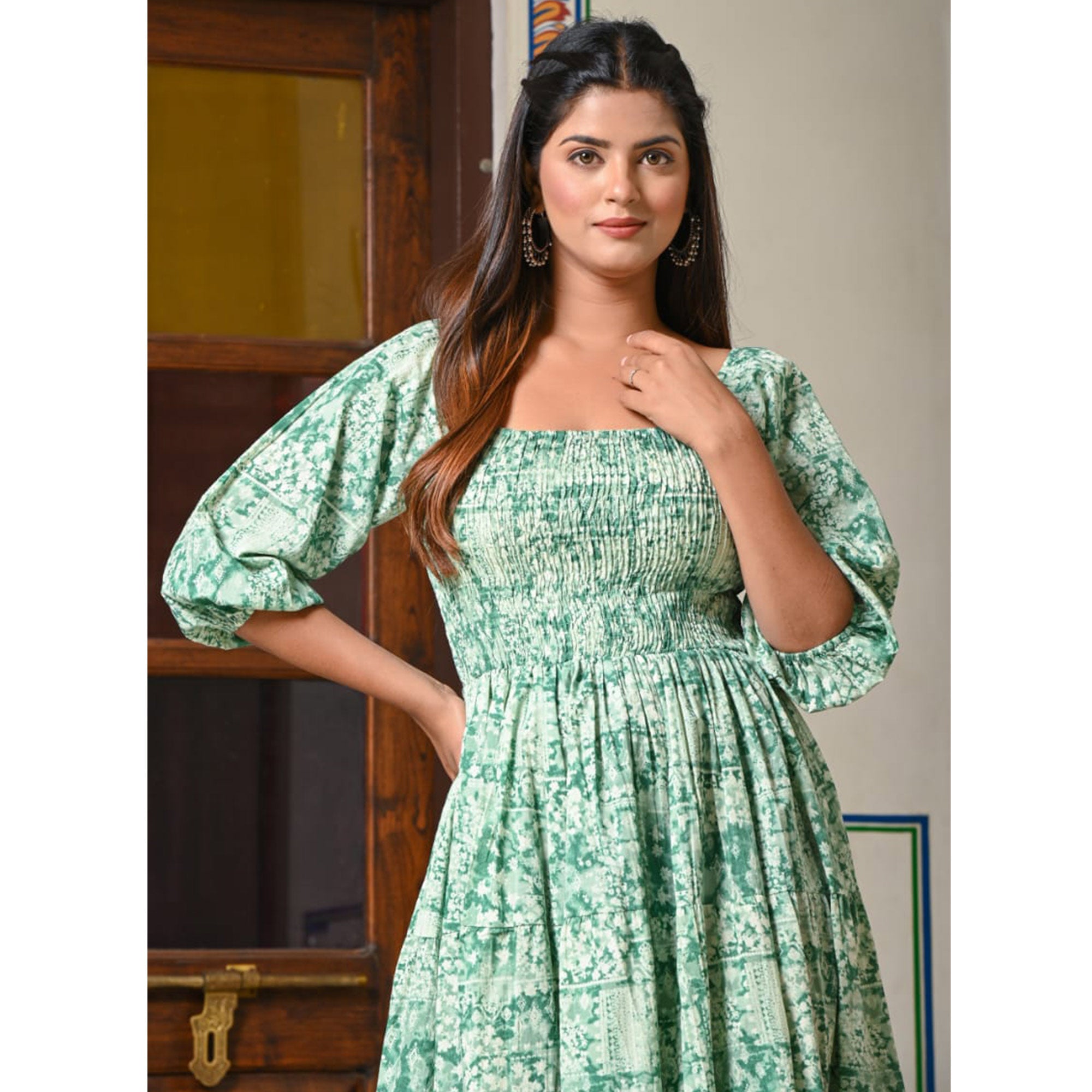 Turquoise Floral Printed Pure Cotton Dress