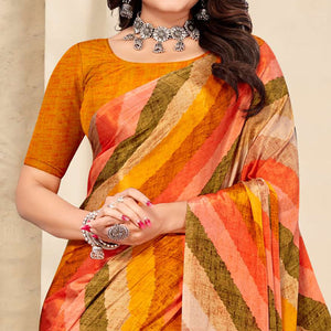 Orange Striped Printed Crepe Saree