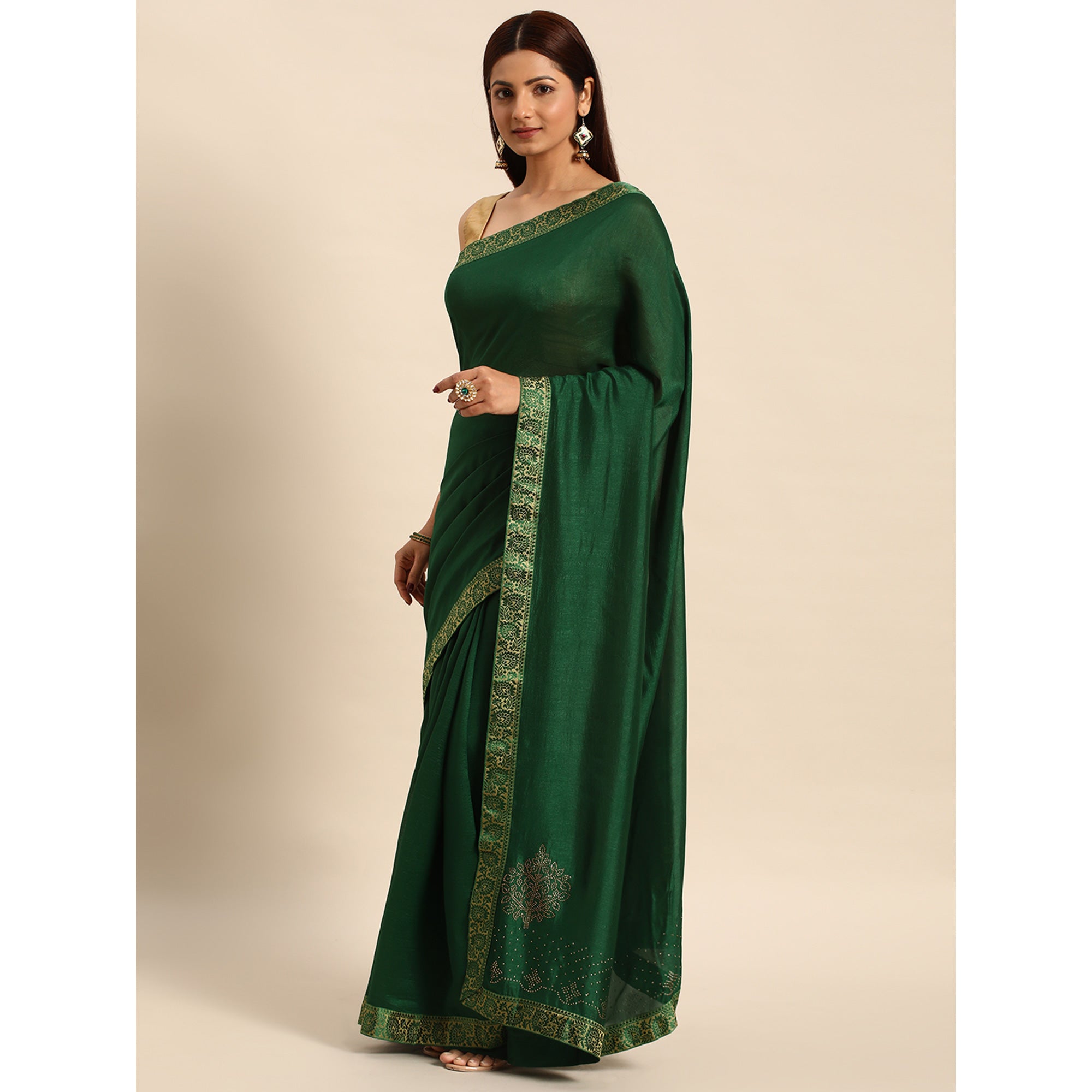 Green Swaroski Work Vichitra Silk Saree