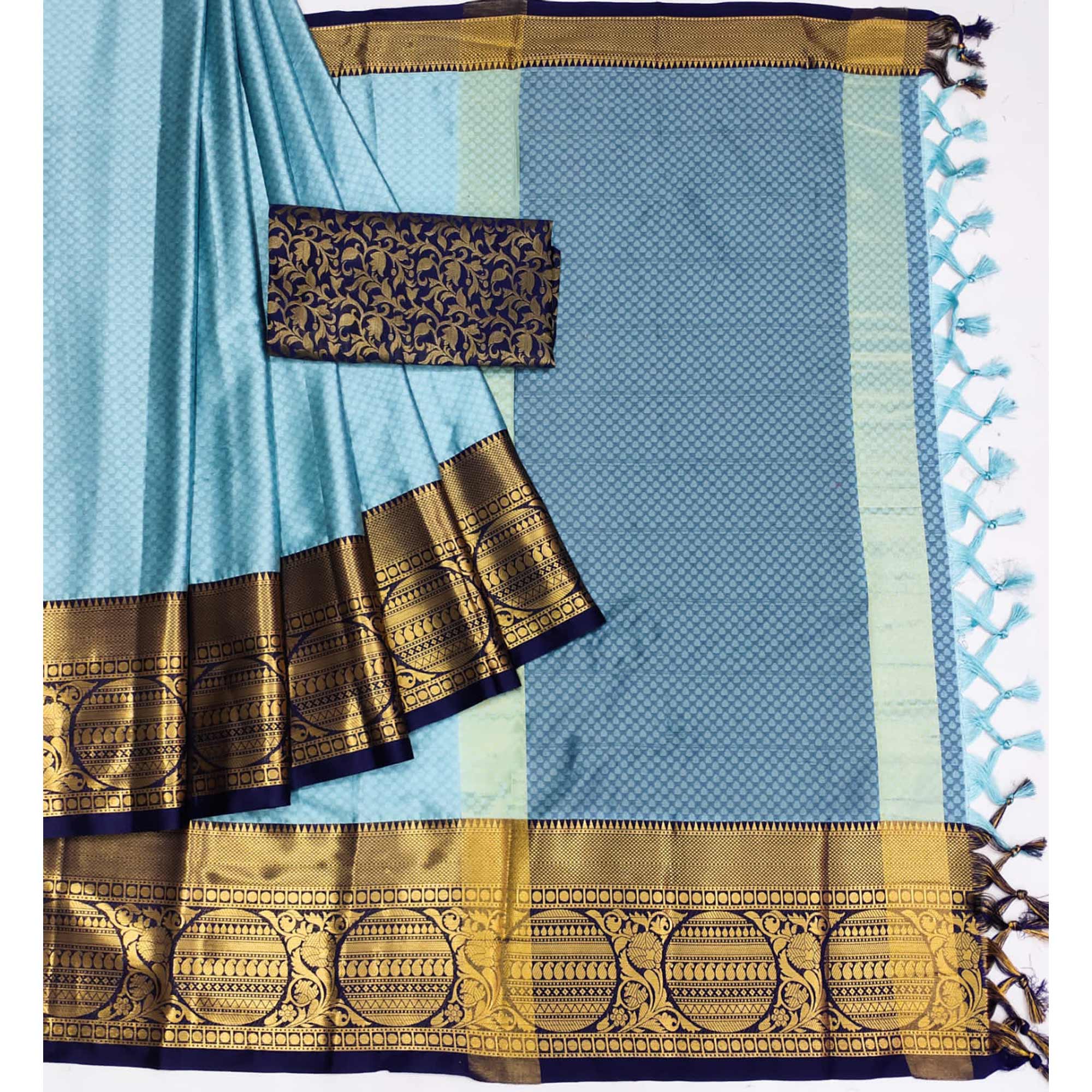 Sky Blue Woven Cotton Silk Saree With Tassels
