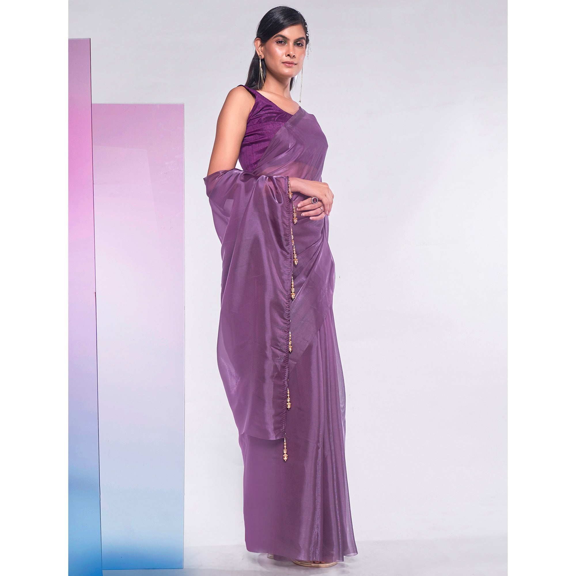 Vilote Solid Organza Saree With Tassels