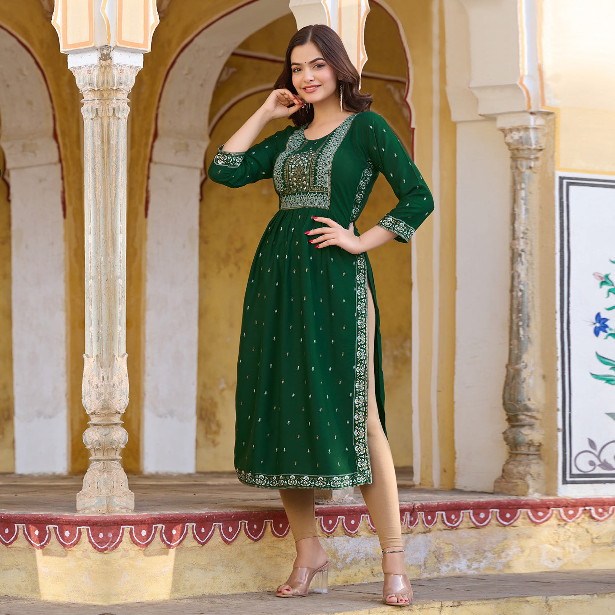 Green Printed Rayon Naira Cut Kurti