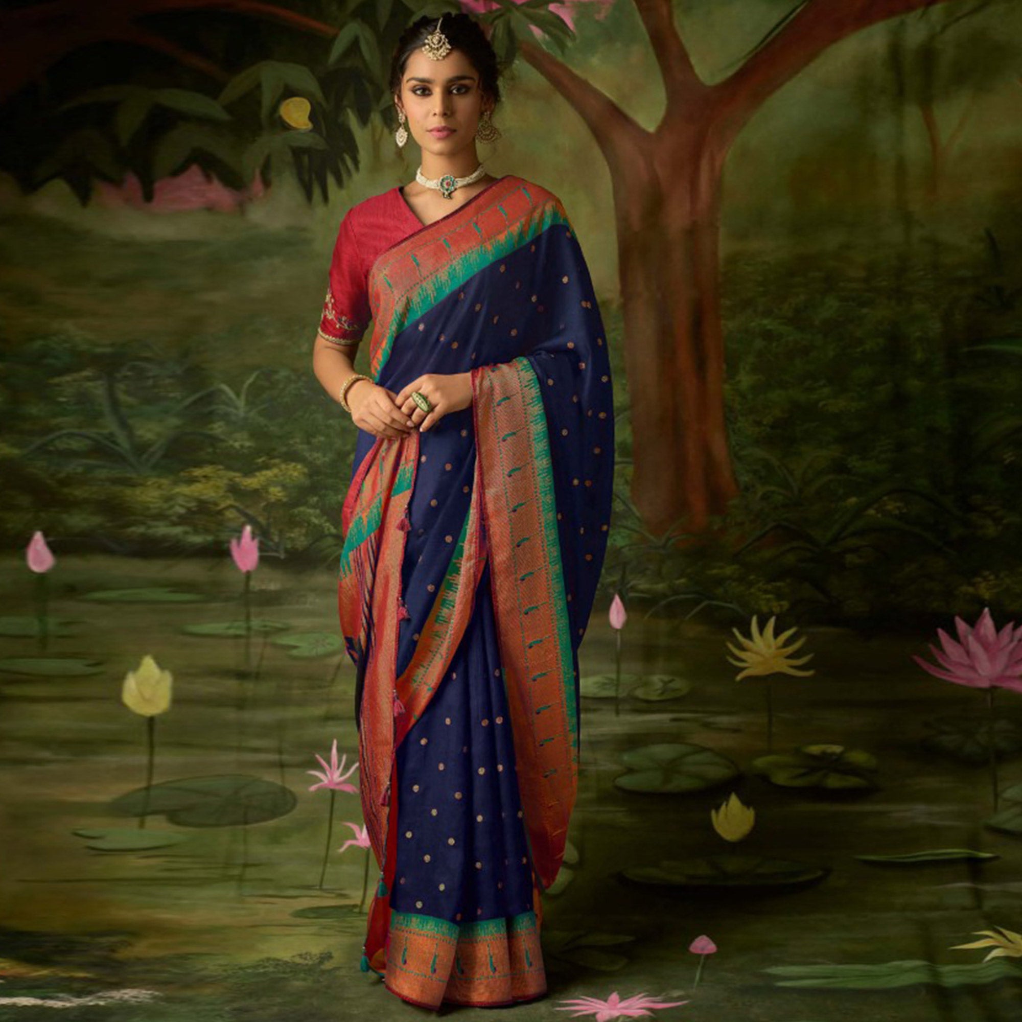 Navy Blue Woven Paithani Brasso Saree With Tassels