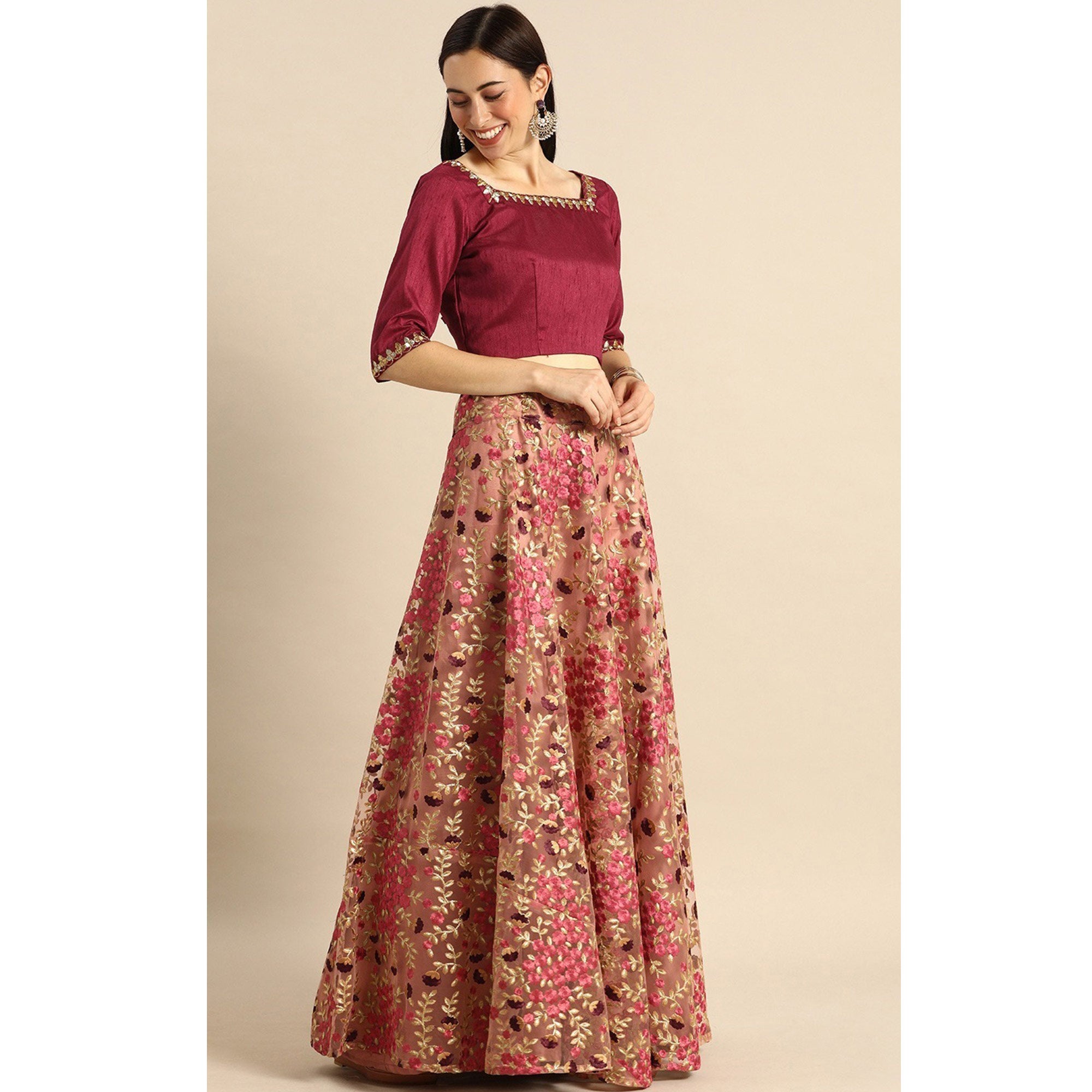 Peach Floral Embroidered Netted Lehenga Choli