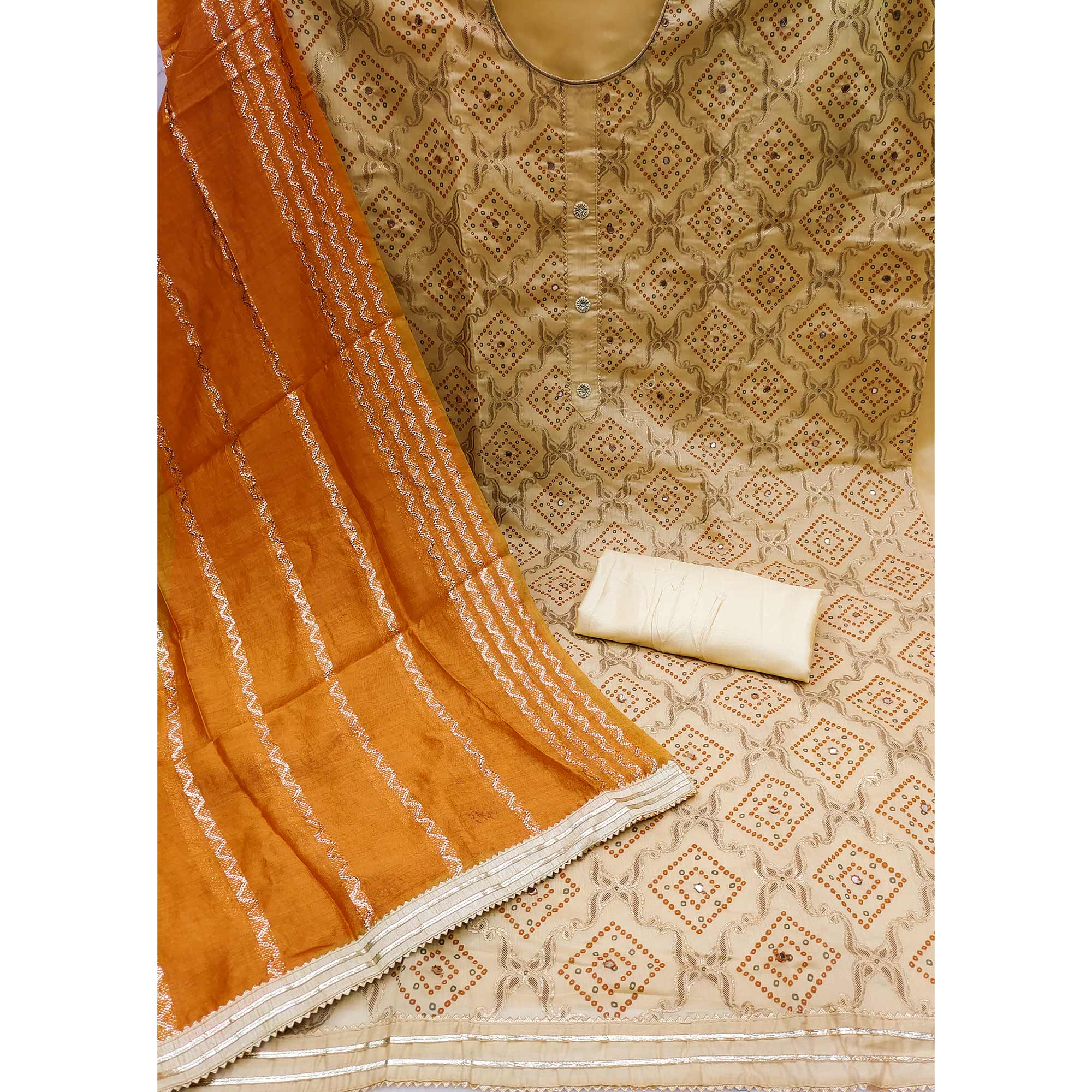 Beige Embroidered Chanderi Dress Material