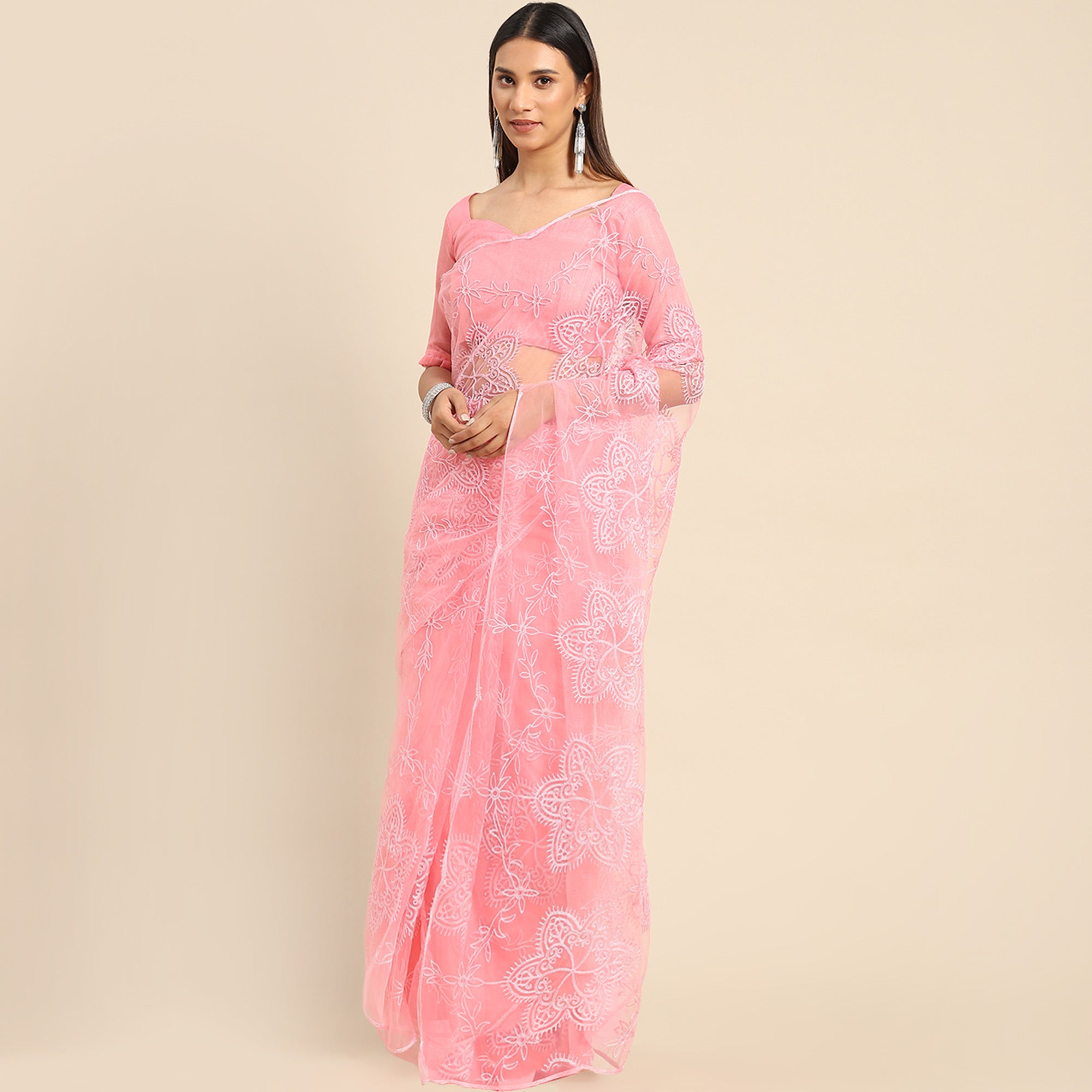Pink Floral Embroidered Net Saree