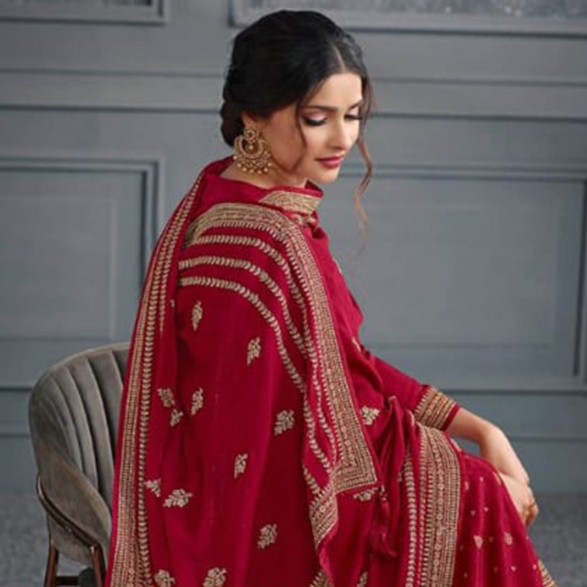 Red Woven With Sequins Embroidered Dola Silk Palazzo Suit