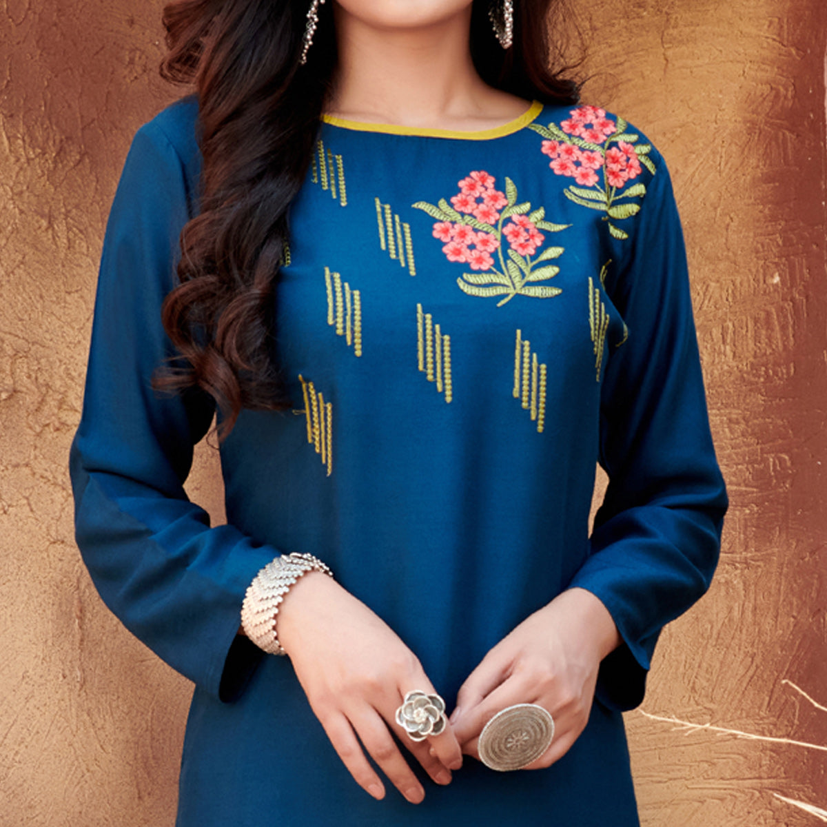 Blue Floral Embroidered Rayon Kurti