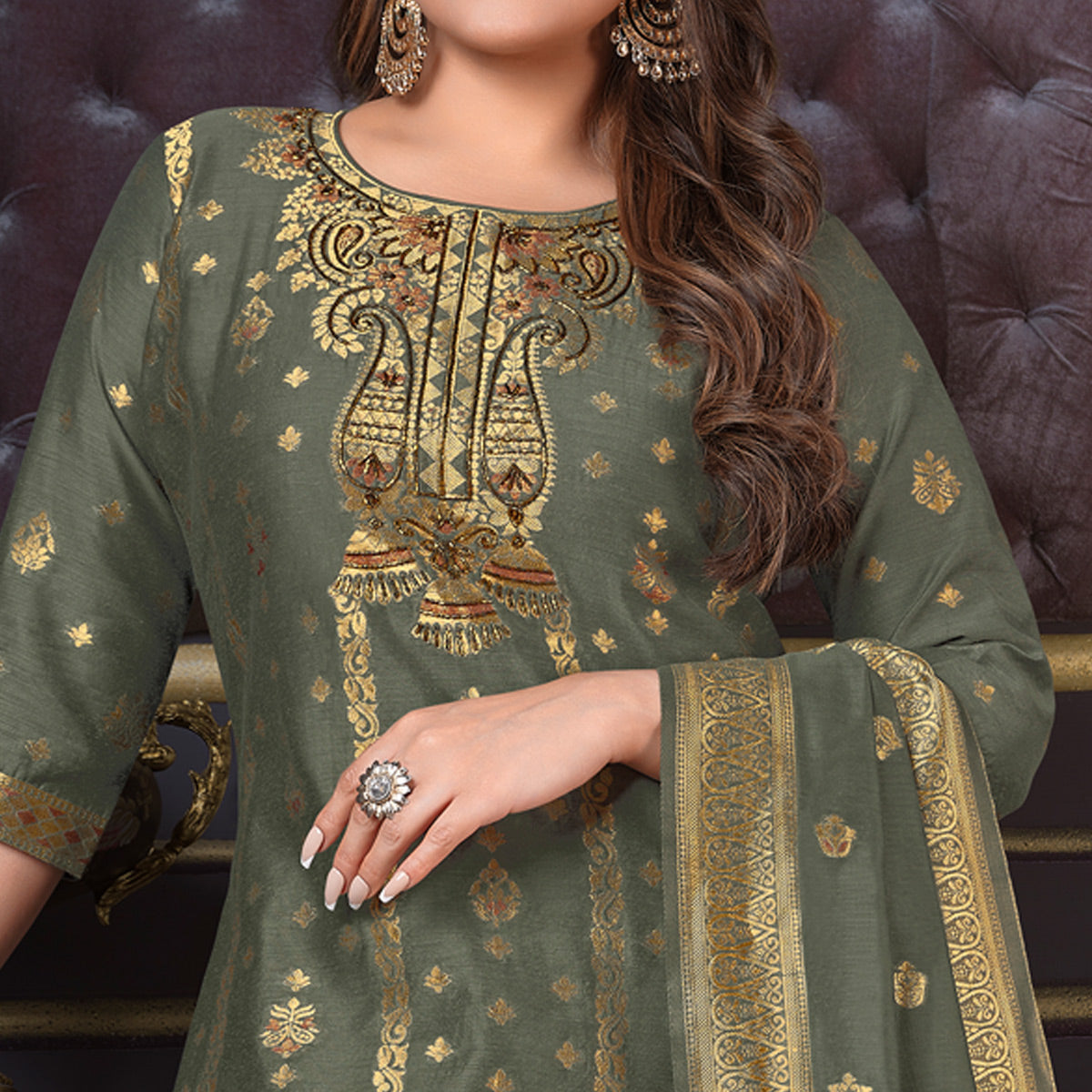 Grey Woven Banarasi Silk Salwar Suit