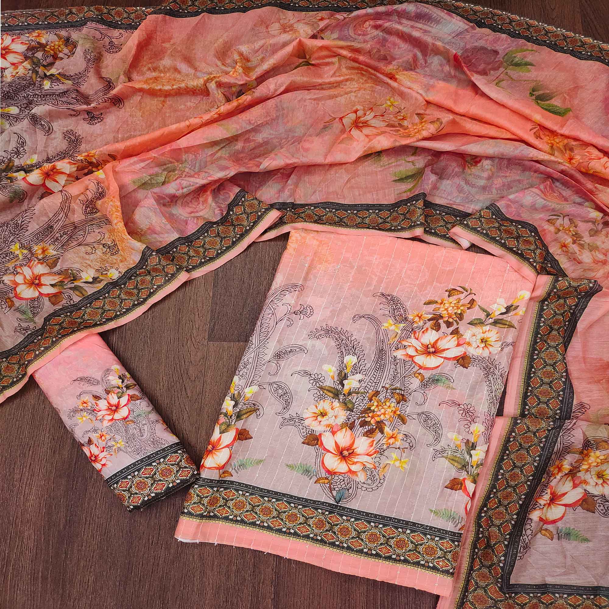 Peach Floral Digital Printed Muslin Dress Material