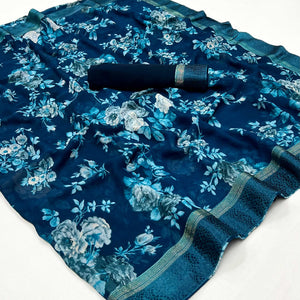Blue Floral Printed Georgette Saree