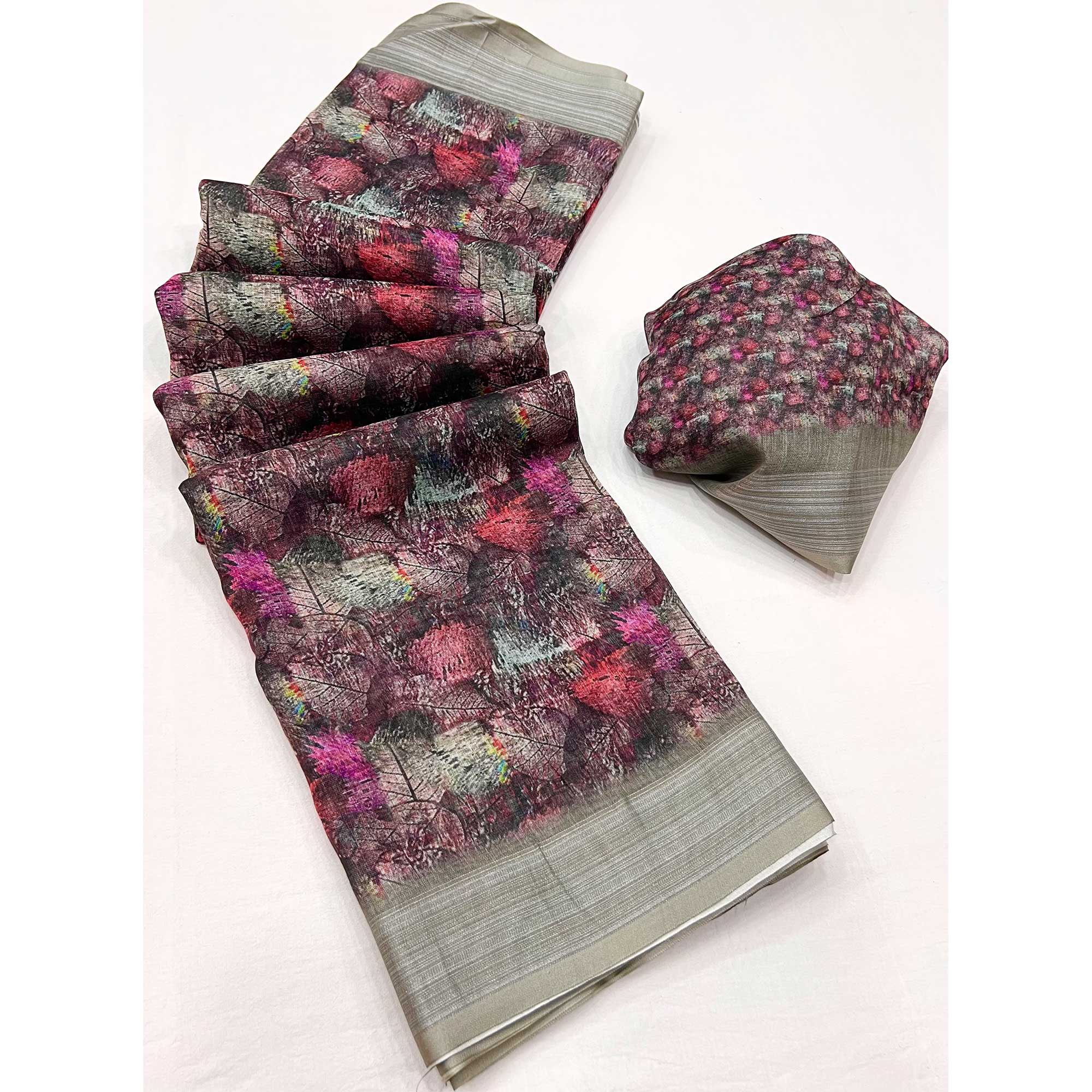 Multicolored Digital Printed Linen Saree